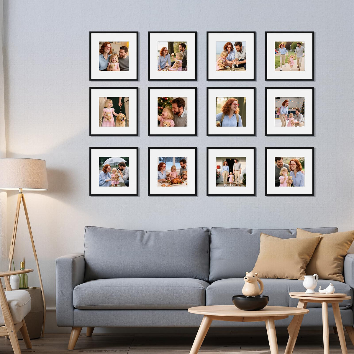 Giftgarden 12x12 Picture Frame Black Set of 16, Matted to 8x8 Photo with Mat, Lightweight Square Gallery Frames for Wall Hanging Display