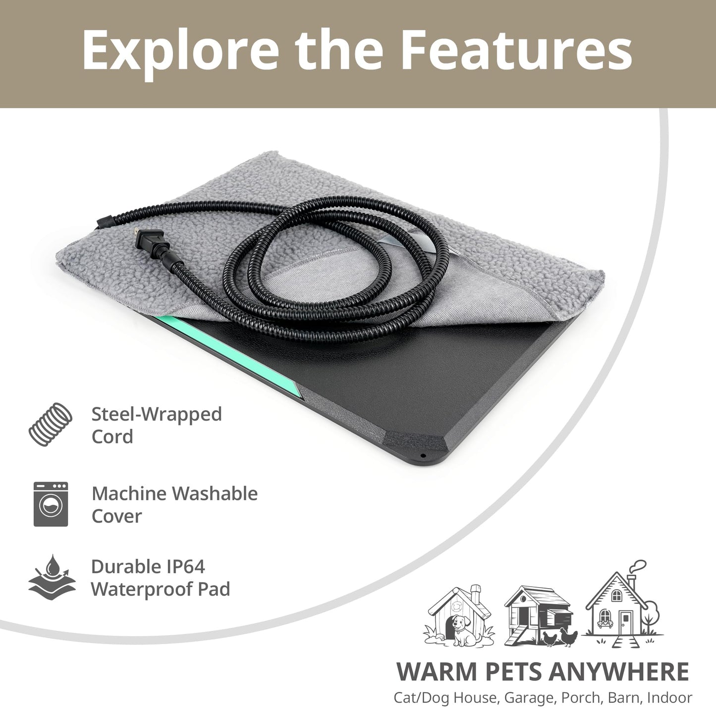 Petace Outdoor Heated Pad for Small Animals, Anti-Bite & Waterproof Cat Heating Pad, Indoor Pet Warmer for Cat Houses/Rabbit Hutches/Chick Brooders in Extreme Weather, 16.5" x 11.8", 35 Watts