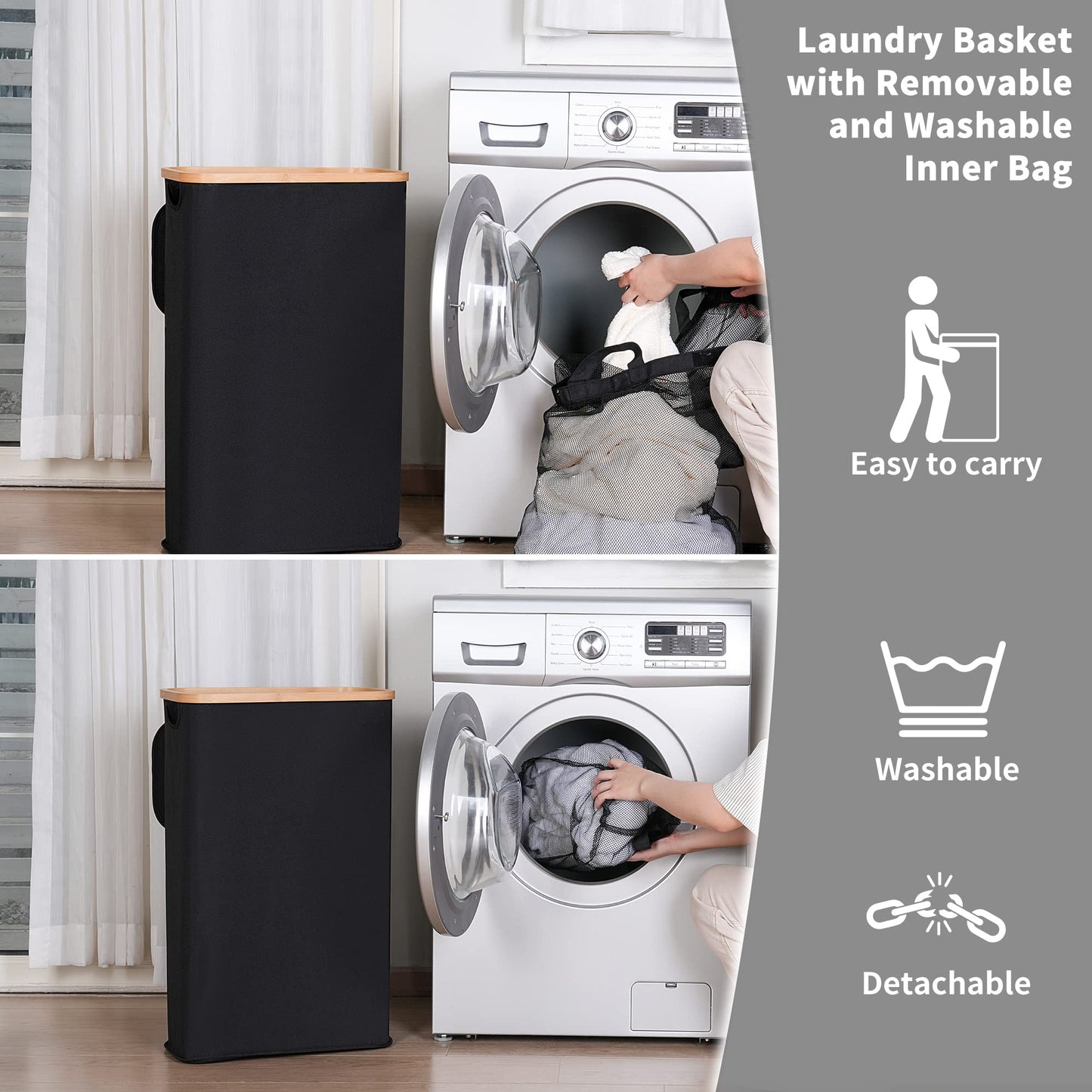 iEGrow 60L Slim Laundry Hamper with Lid Hampers for Laundry,Narrow Laundry Basket with Removable Inner Bag & Bamboo Handles Tall Thin Clothes Hamper for Clothes Towels Organization（Black）