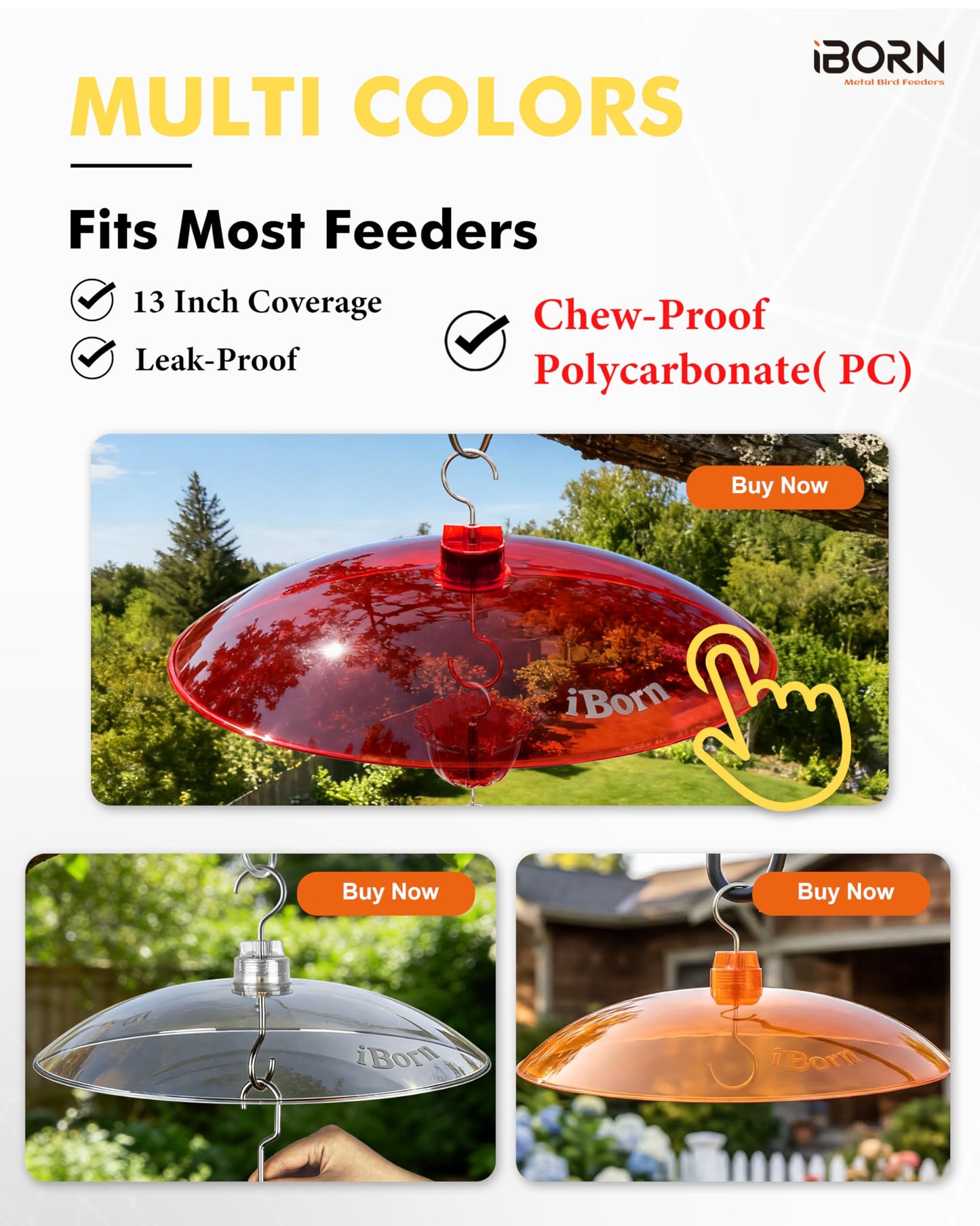 iBorn 13-inch Hummingbird Feeders Baffle, Weather Guard, for Hanging Bird Feeder for Outdoors Rain Guard, Chew-Proof Polycarbonate, Pack of 2, Red