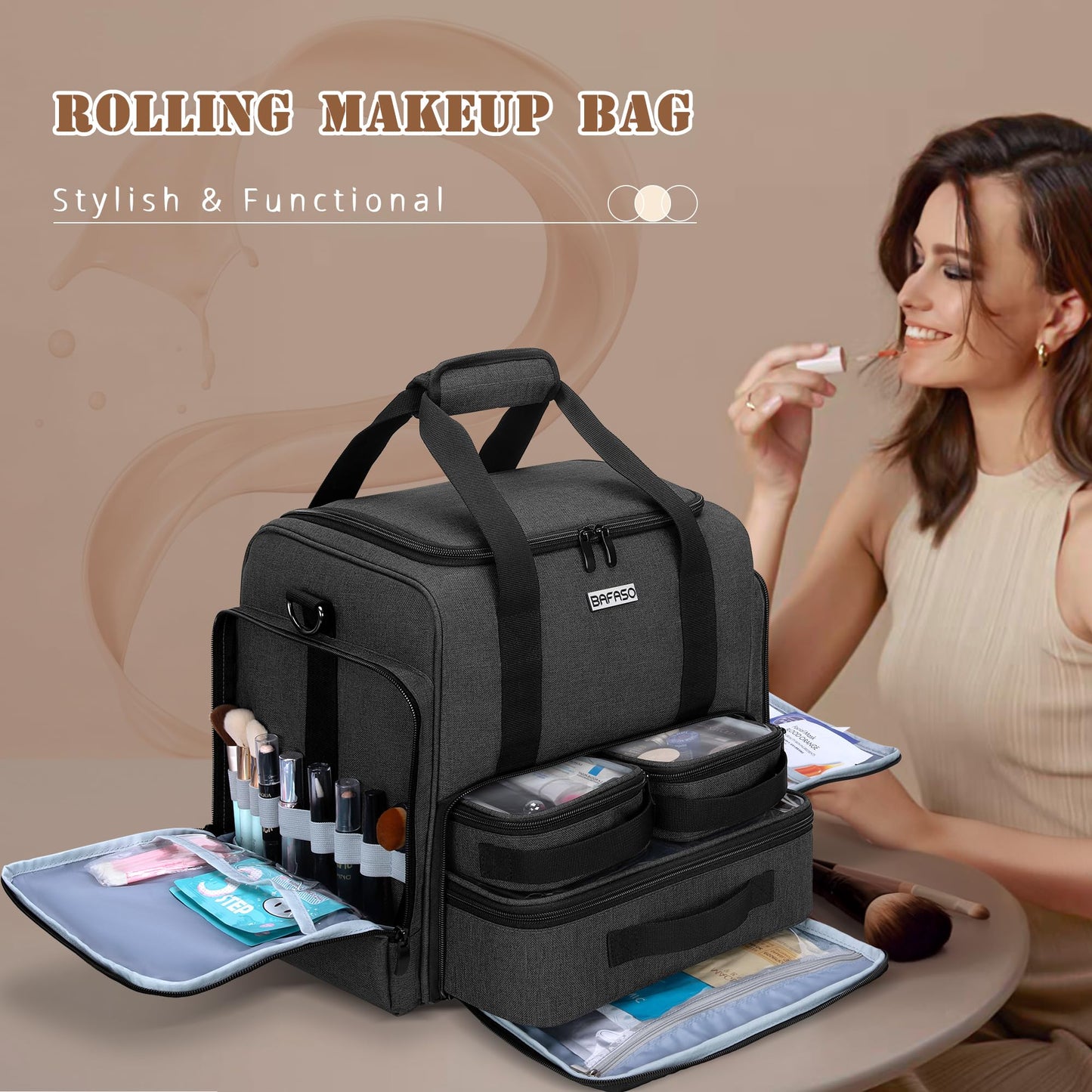 BAFASO Rolling Makeup Case with 3 Removable Pouches and 1 Makeup Brush Bag, Makeup Bag with Detachable Dolly (Patented), Black
