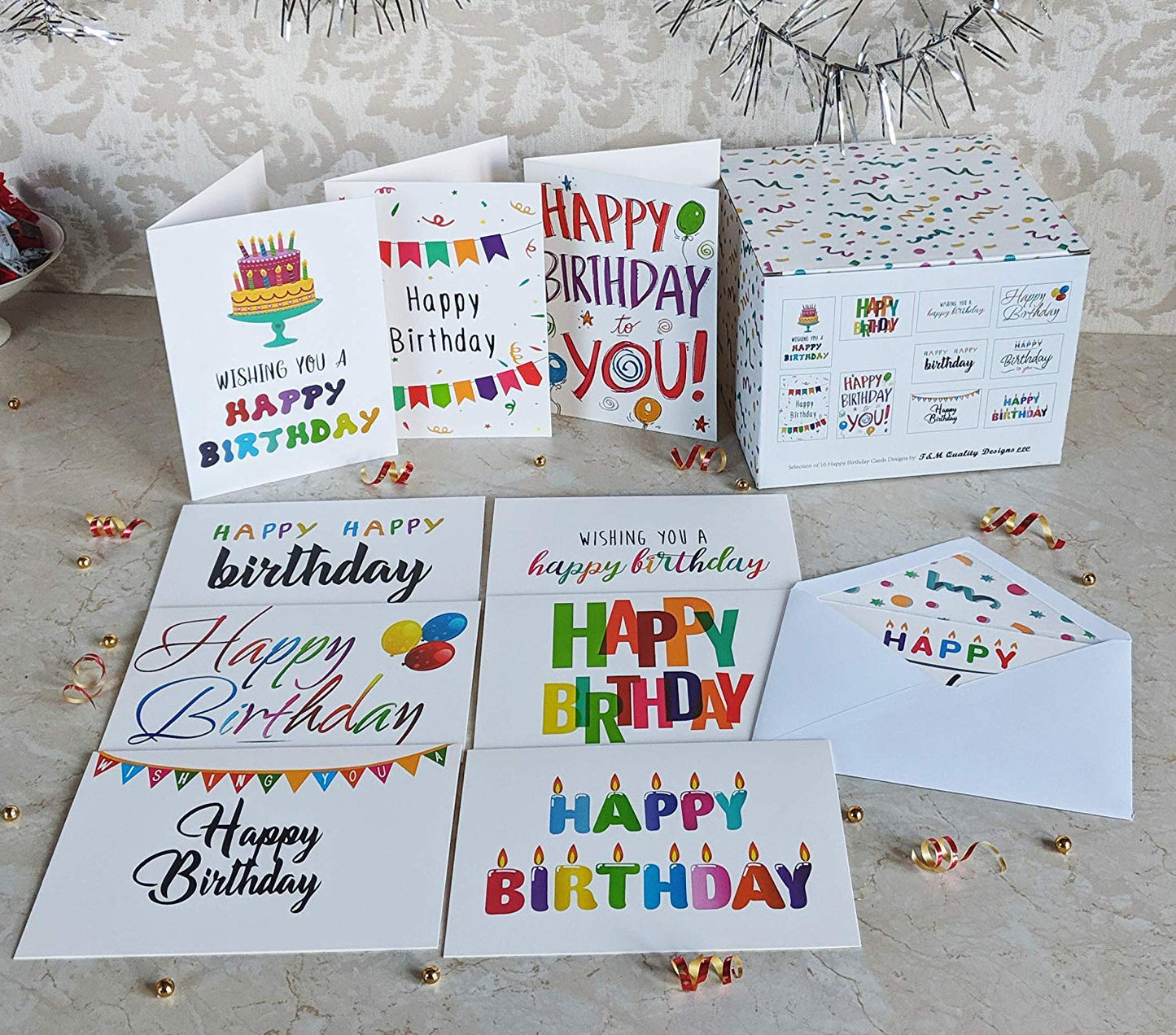 100 Happy Birthday Cards, Large Assorted Greeting Notes with Envelopes and Stickers, 10 Unique Designs, 5x7 Inch, Thick Card Stock Bulk Box Set