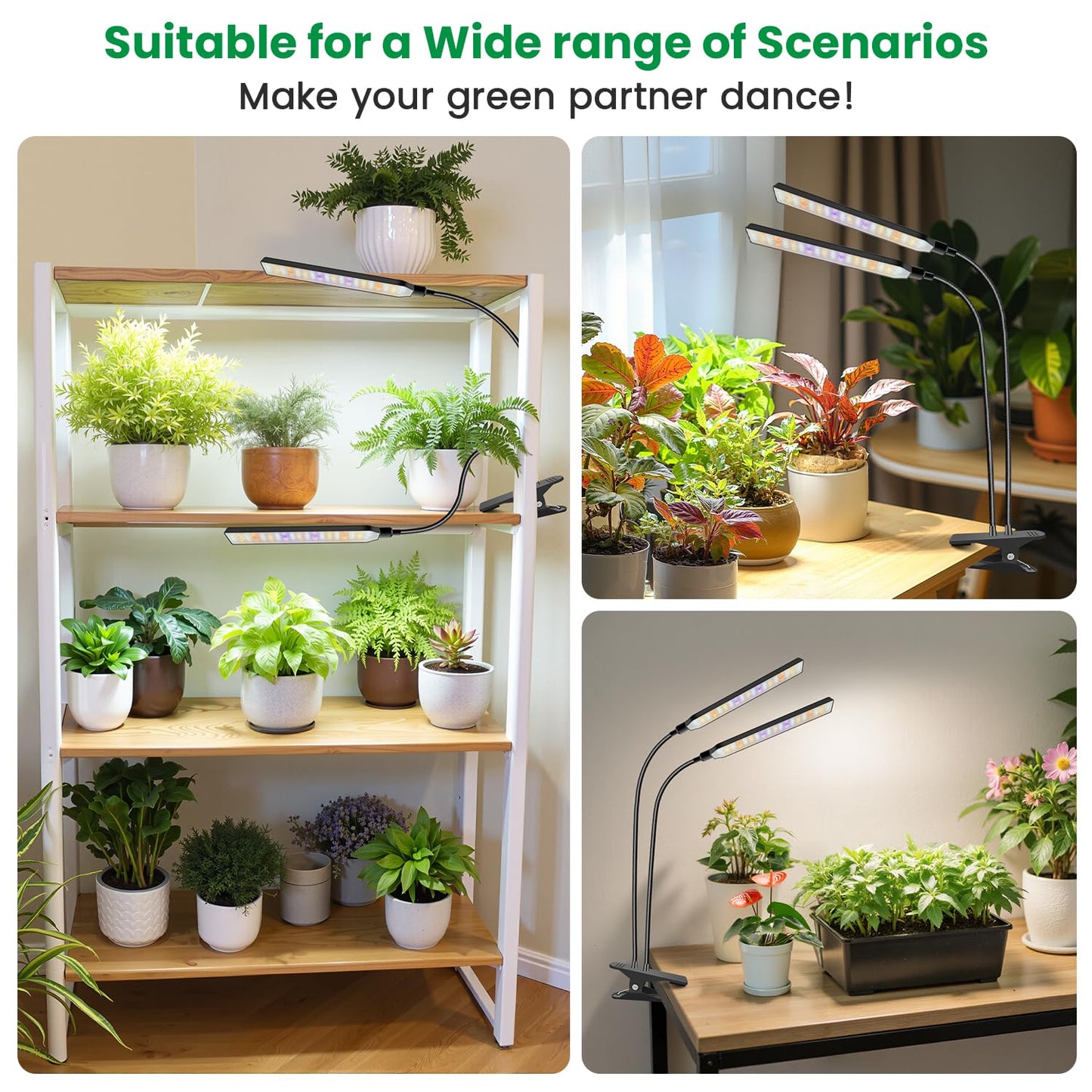 Aumtrly Grow Light Clip on 2 Pack, 228 LED Full Spectrum Plant Lights for Indoor Growing, 2 Head Black Arm Grow Lamp with Gooseneck, 6/12/16H Timer, 5 Dimming, 3 Light Modes