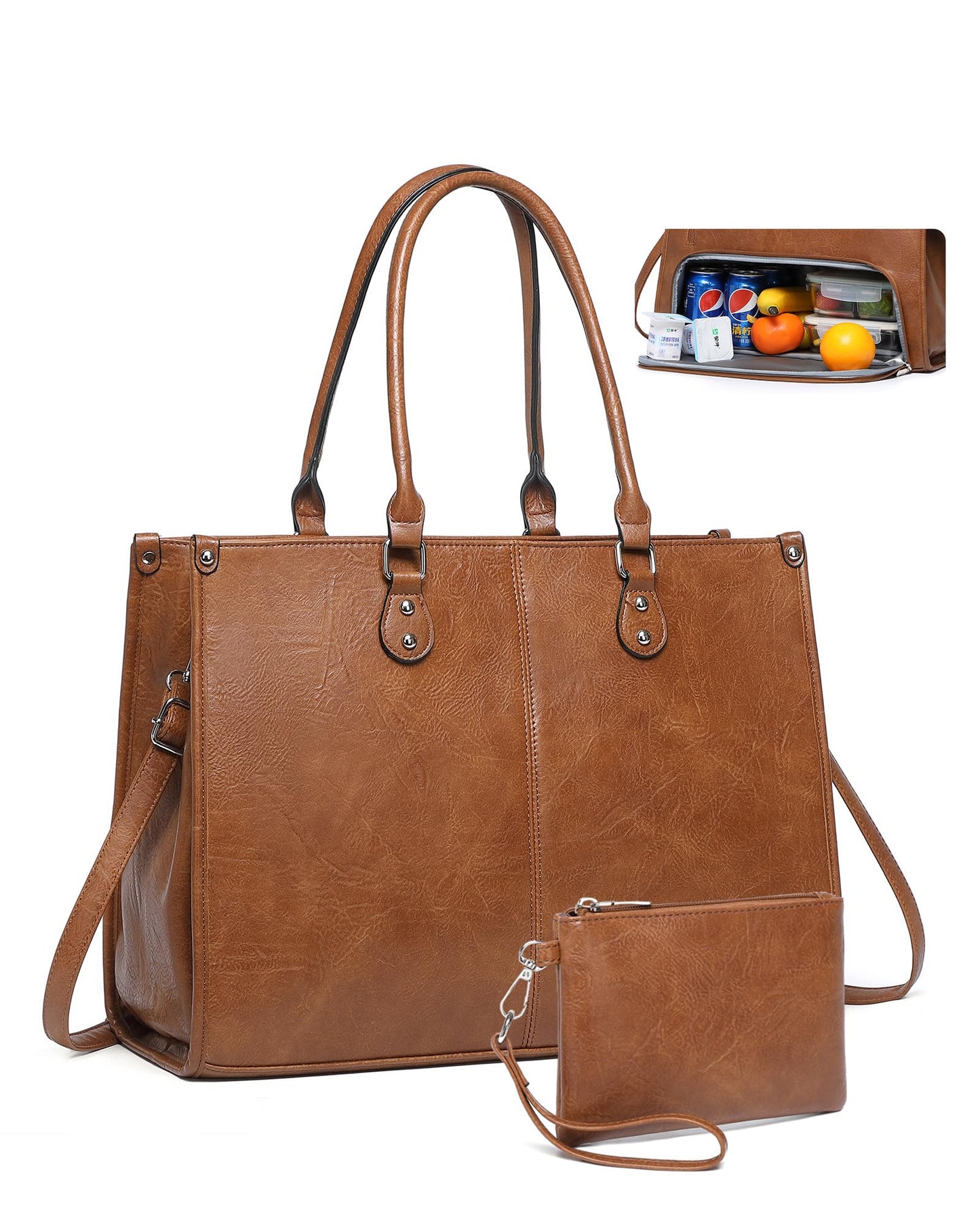 Laptop Tote Bag with Insulated Lunch Compartment for Women Work, PU Leather Lunch Bag with 15.6 Inch Computer Compartment Brown