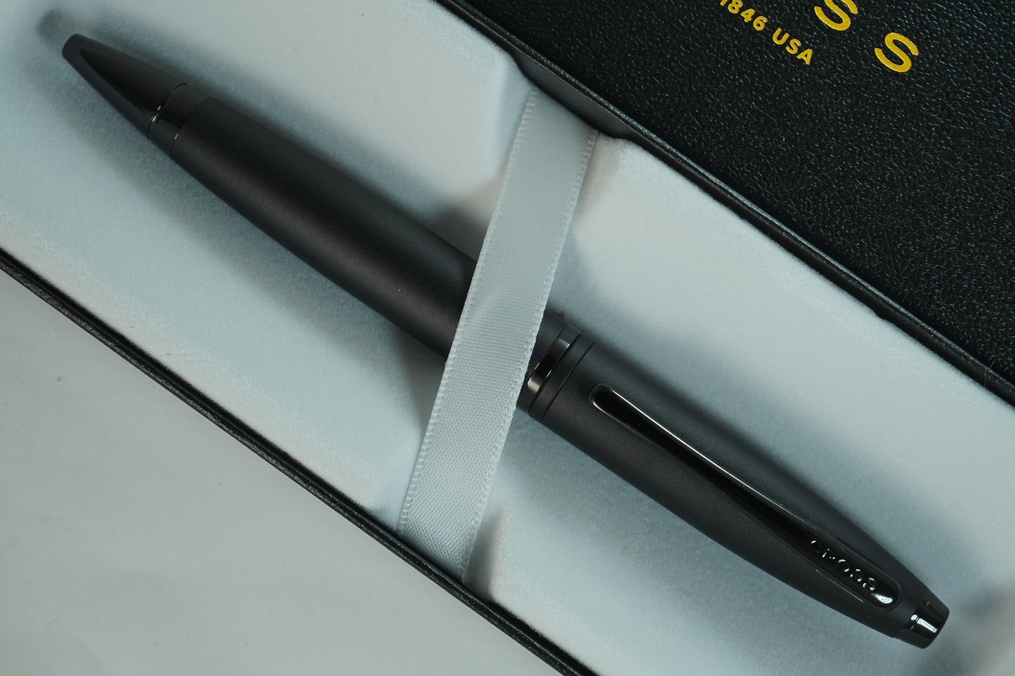 Cross Calais Refillable Ballpoint Pen signature mid band, Medium Point, Includes Gift Box - Matte Black Barrel and PVD Appointments.