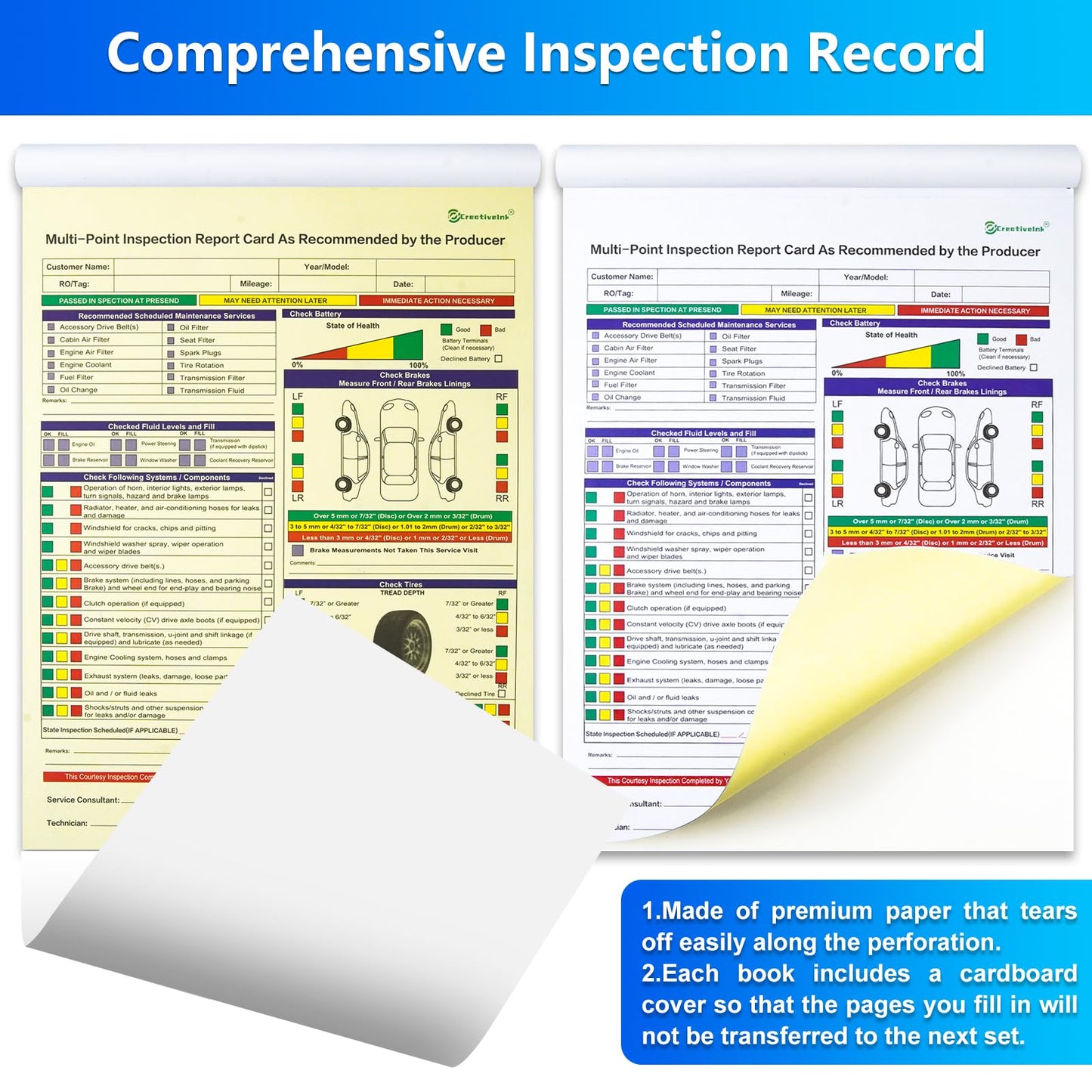 CreativeInk 200 Sets Multi-Point Automotive/Vehicle Inspection Report Forms 2-ply Carbonless for Any Make of Vehicle, Inspection Checklist, DOT Compliant, 8-1/2 x 11-3/4”
