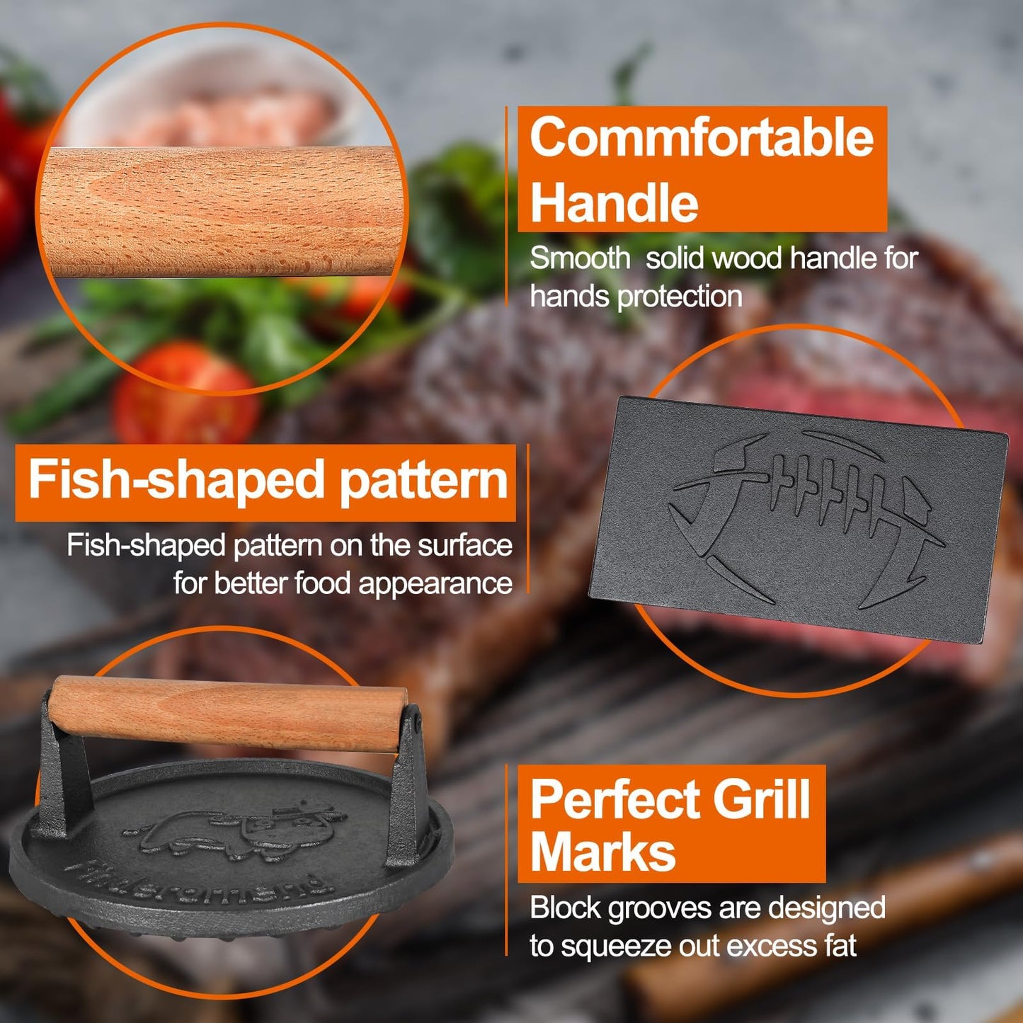 Finderomend 2 Pack Hamburger Press,Cast Iron Grill Press,Heavy Duty Smash Meat,Bacon,Steak & Burger Press with Wooden Handle (Round & Rectangular)