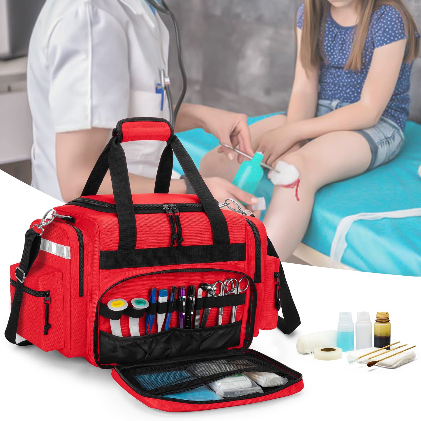 Damero Medical Trauma Bag, Medical Supplies Bag Empty with Detachable Dividers, Ideal for Nurse, Physical Therapists, Doctors, Red