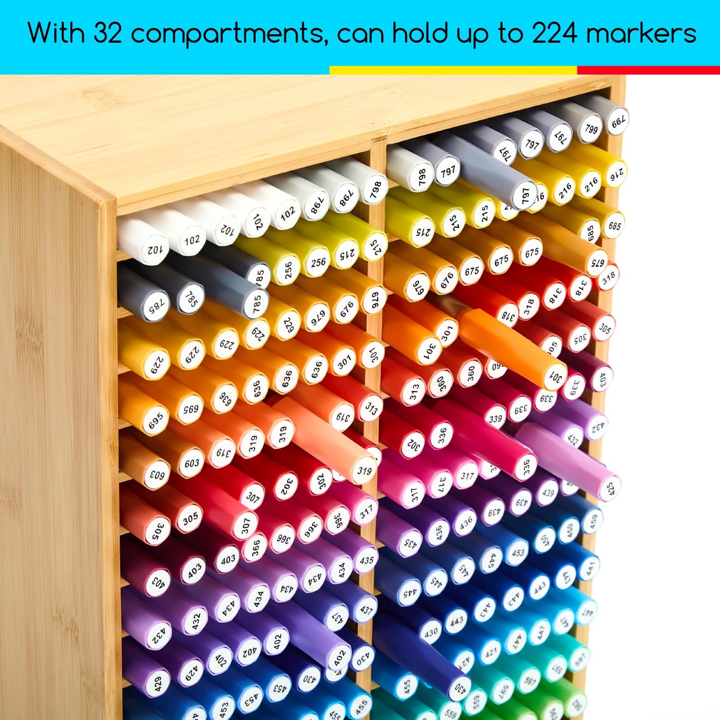 MEEDEN Bamboo Marker Storage Organizer : Desktop Storage Holder for 224 Markers, Pens, Pencils - Large Art Stationary Organizer Rack with 32 Compartments for Desk, Home, Classroom, Office