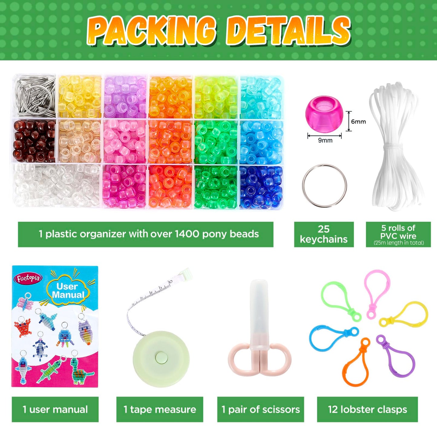 Funtopia Pony Beads Kit, Glow in the Dark Bead Pets for Kids Beginners, Includes Instructions for 25 Animal Designs and Storage Box, Kids Craft Kit for Rainy Day Group Activities