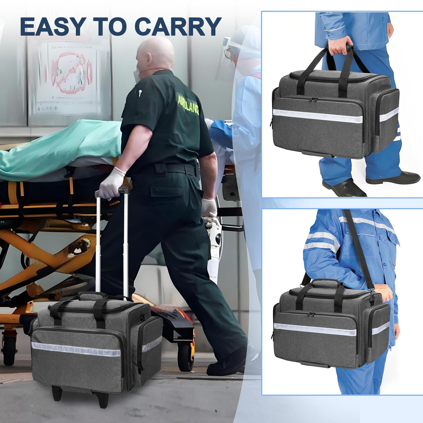 Damero Rolling Medical Bag with Detachable Trolley, Medical Bag on Wheels with Dividers, Medical Equipment Storage Bag for Home Health Nurses, Doctors, EMT, EMS, Gray