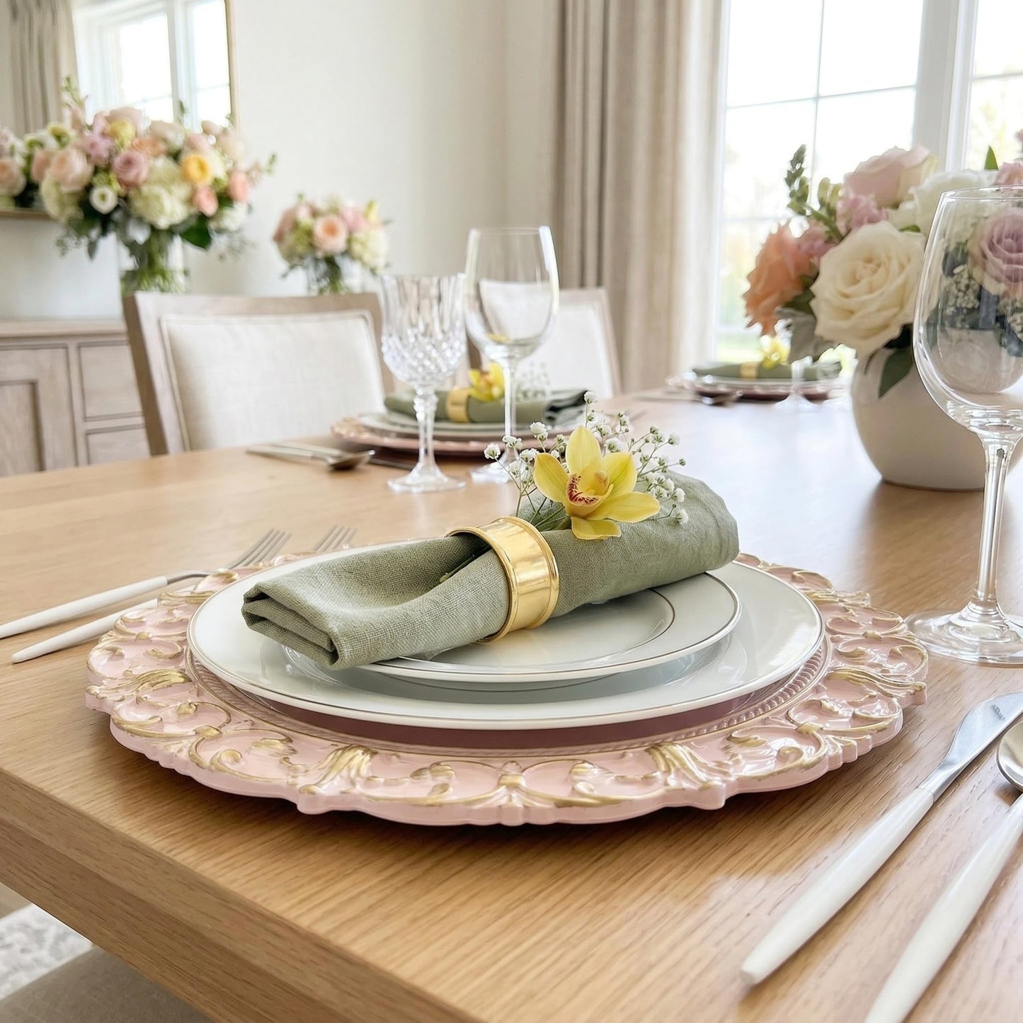 UOEKCS Pink Charger Plates, 13 Inch Plate Chargers for Dinner Plates. Set of 6 Plastic Embossed Charger for Dinner, Party, Wedding.