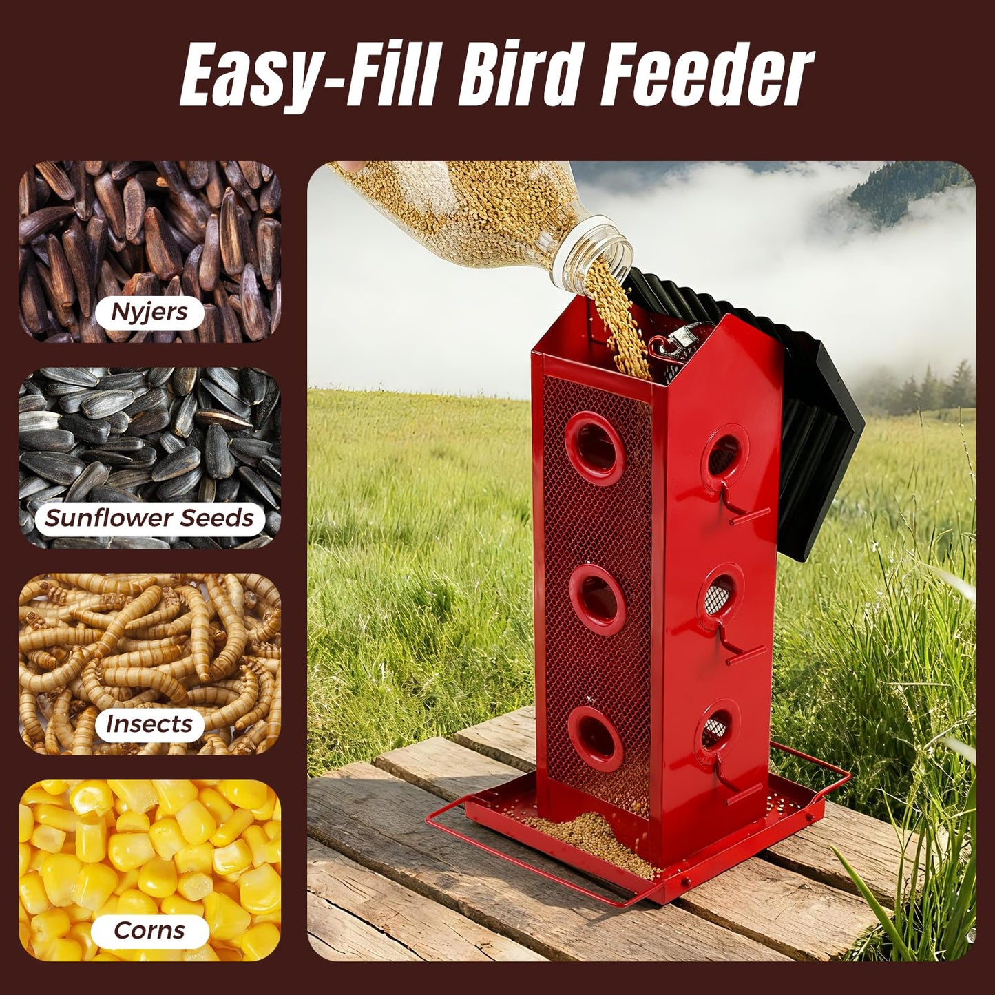 Shineforu All Metal Bird Feeder for Outdoors Hanging | 14-Port Multi-Bird Viewing | Rust-Proof, Waterproof & Easy-Clean | Attracts Cardinals, Finches, Chickadees & More (Elegant Red & Black)