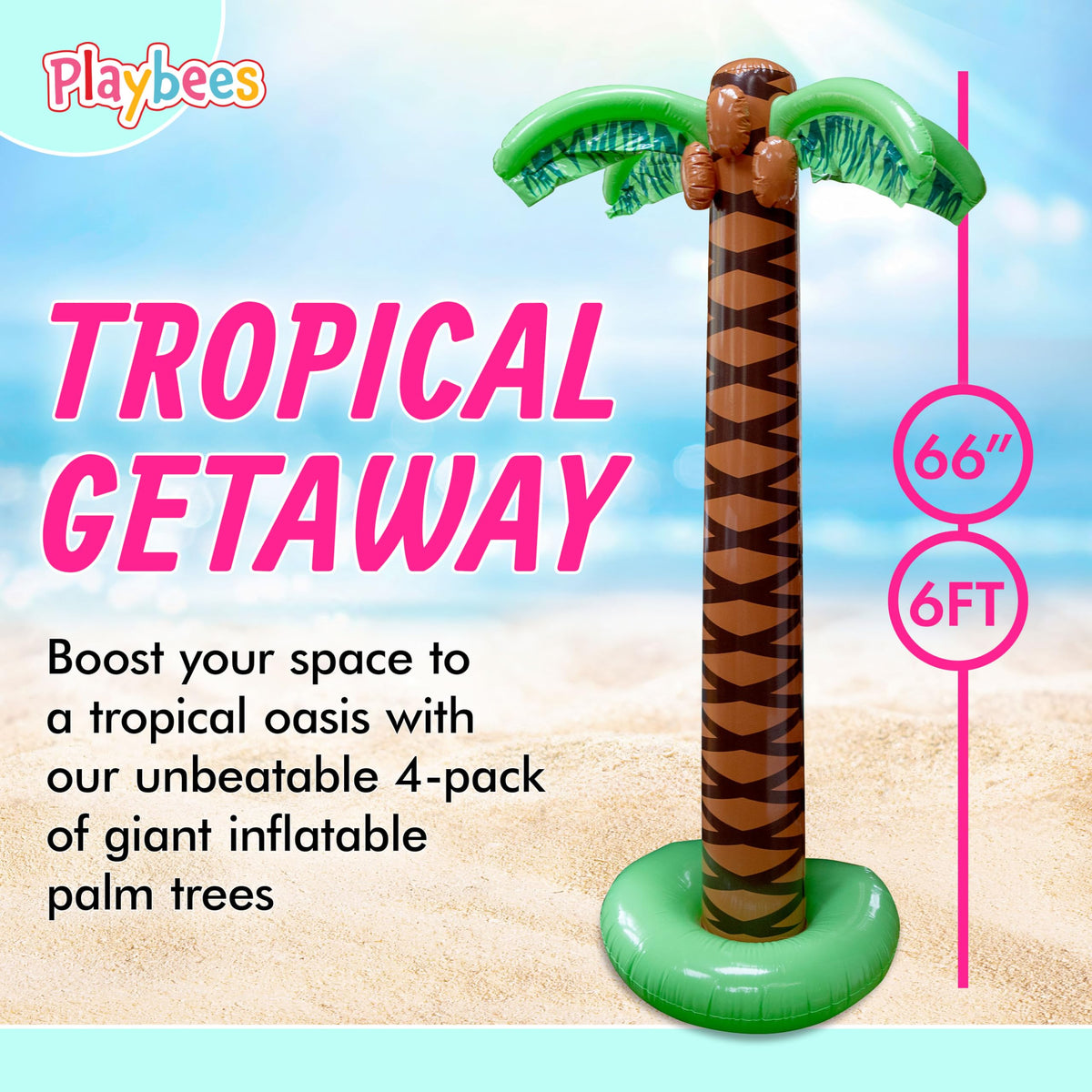Playbees Giant Inflatable Palm Trees - 4 Pack - 6 Foot Super Sturdy Artificial Trees for Luau Parties, Beach Decor, Poolside Ambiance, Tropical Theme Decor & Outdoor Fun, Easy Inflation