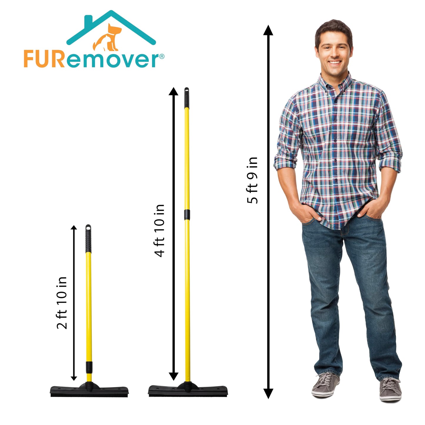 FURemover Broom SW-250I-AMZ-6, Pet Hair Removal Tool with Squeegee & Telescoping Handle That Extends from 3-5', Black & Yellow,1 Count (Pack of 1)