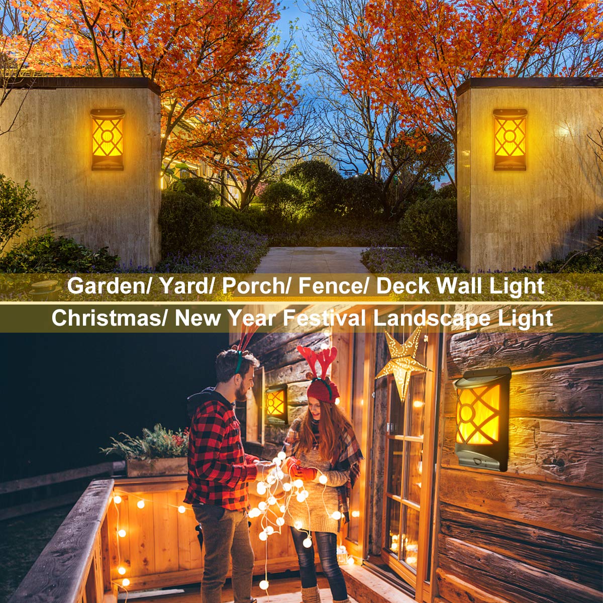 LazyBuddy Solar Wall Lights Outdoor - 66 LED Flickering Flame Wall Mount Lanterns, IP65 Waterproof Auto On/Off, Fire Effect Halloween Decoration Lighting for Garden, Fence, Patio, Deck (6 Pack)