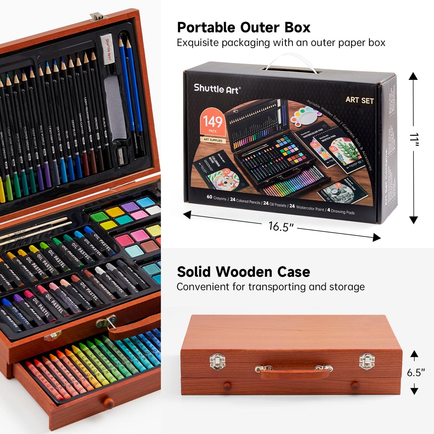 Shuttle Art Deluxe Art Set, 149 Piece Art Supplies in Wooden Case, Painting Drawing Art Kit with Acrylic Paint Pencils Oil Pastels Watercolor Cakes Coloring Book Watercolor Sketch Pad for Kids Adults