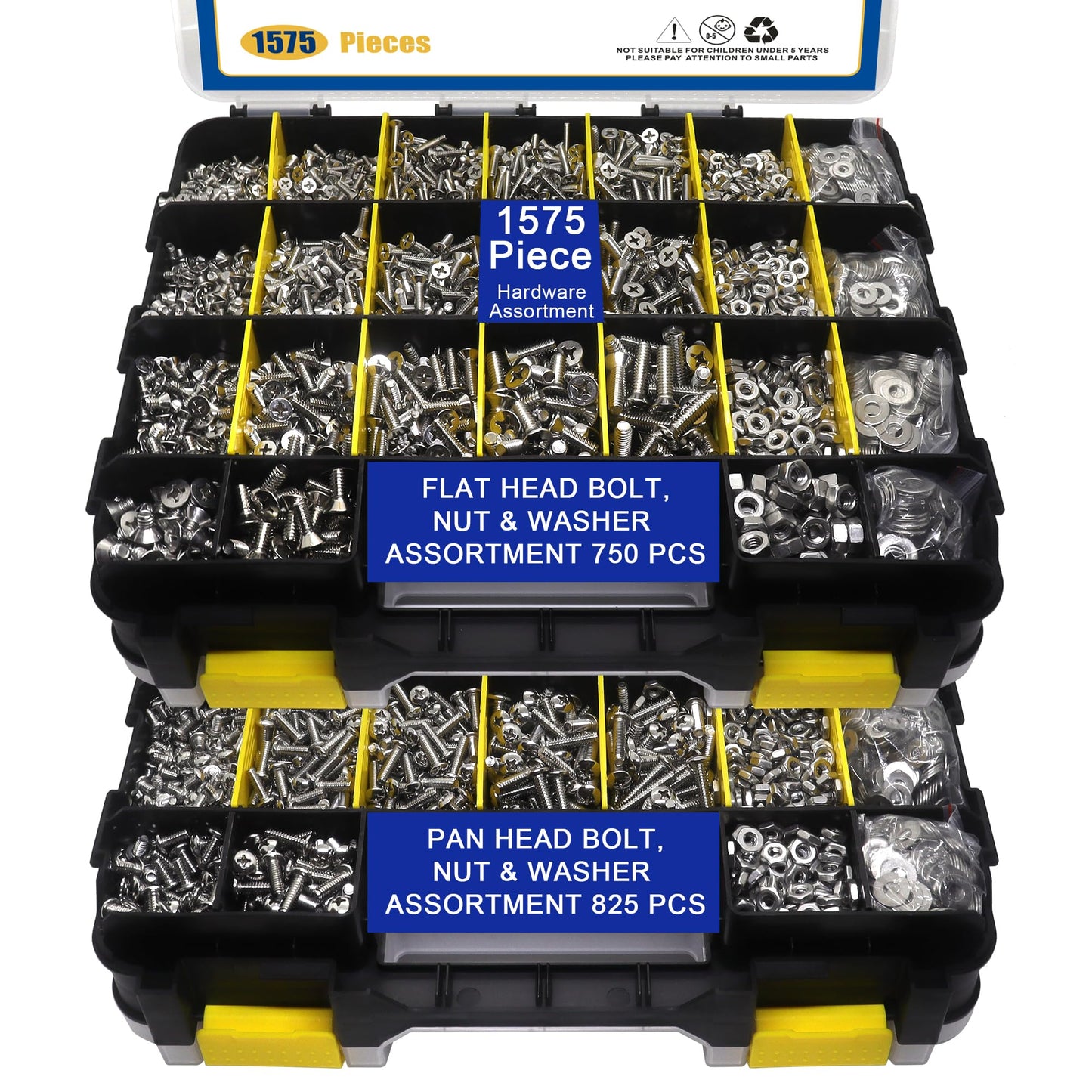 BUSY-CORNER 1575 PCS Nuts and Bolts Assortment Kit, Stainless Steel Phillips Pan Head & Flat Head Screws, Assorted Nuts Bolts Washers with Double Sided Organizer Box, M6