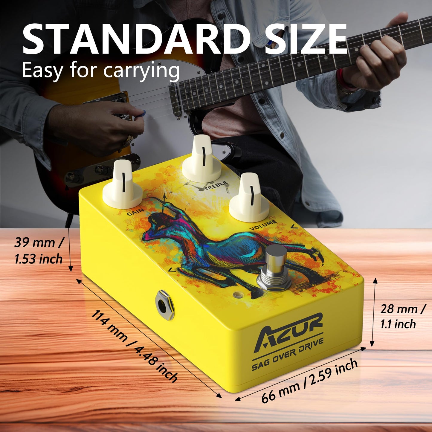 AZOR SAG Overdrive Analog Guitar Effect Pedal - True Bypass with Tilt-Angle Footswitch, High Gain for Electric Guitar, 3-Knob Control (GAIN/VOLUME/TONE), DC9V Powered, Low Noise