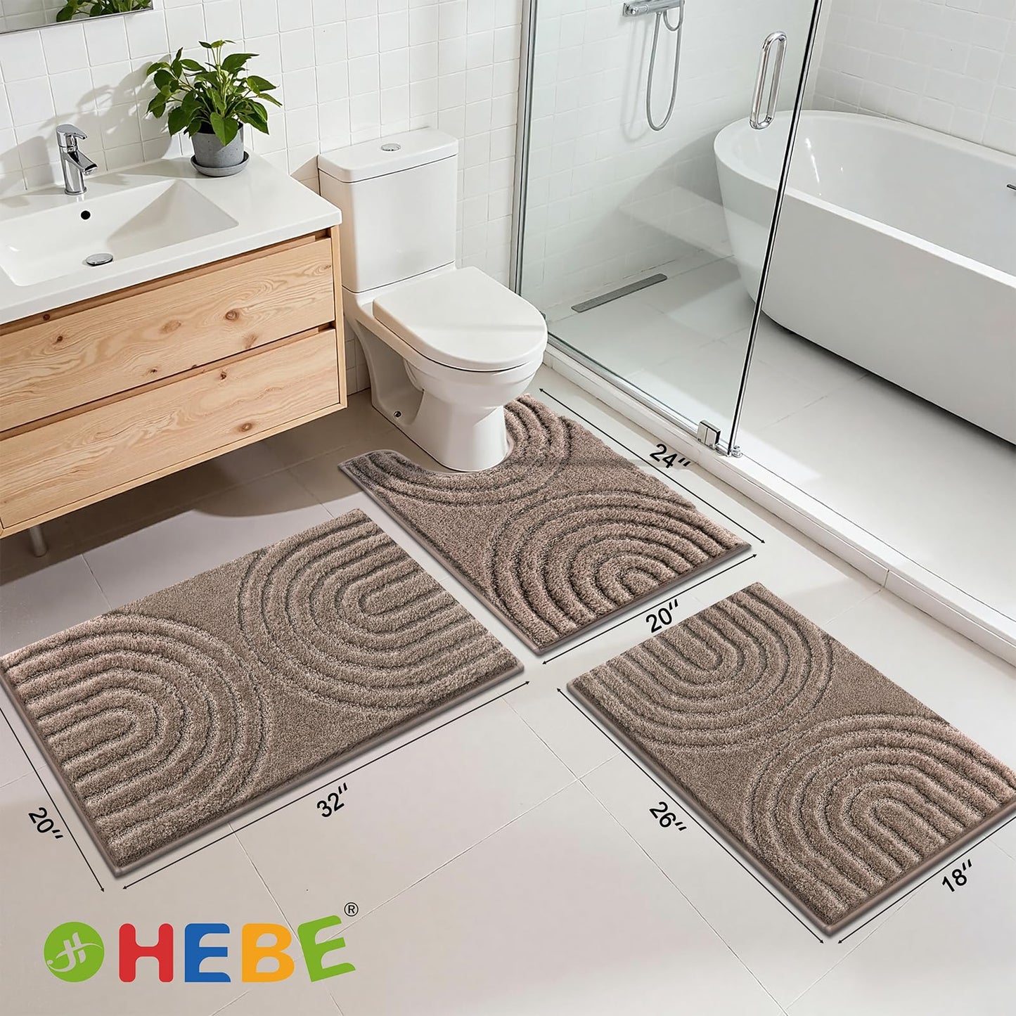 HEBE Microfiber Bath Mat Set 3 Piece, Ultra Absorbent Bathroom Mat, Non-Slip Plush Shaggy Bathroom Rug, Machine Washable Bath Mats for Bathroom Floor, Tub and Shower, Coffee