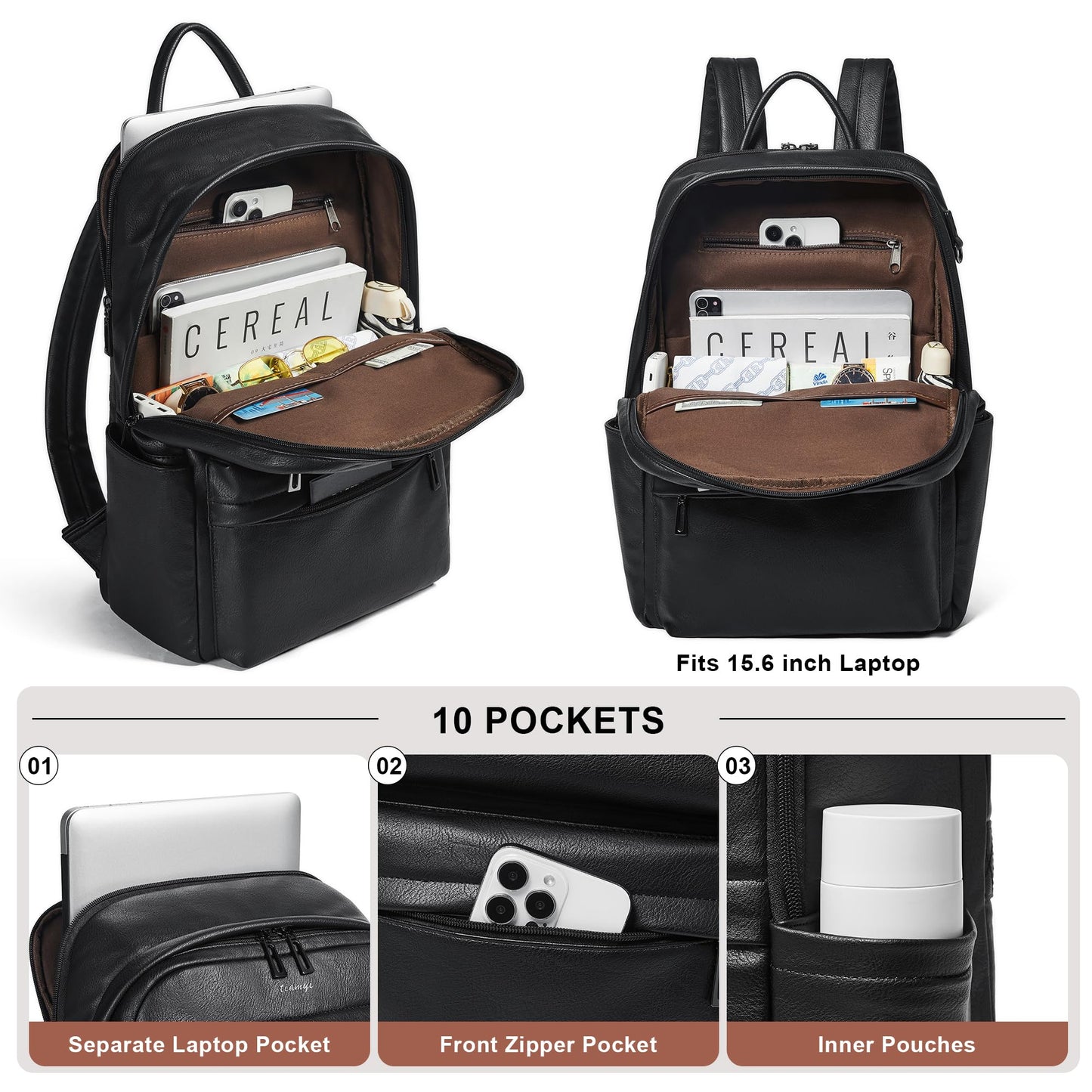 TIAMYI Vegan Leather Backpack for Women Travel Back pack with 15.6 inch Laptop Compartment, Vintage Ladies Computer Backpack, Black