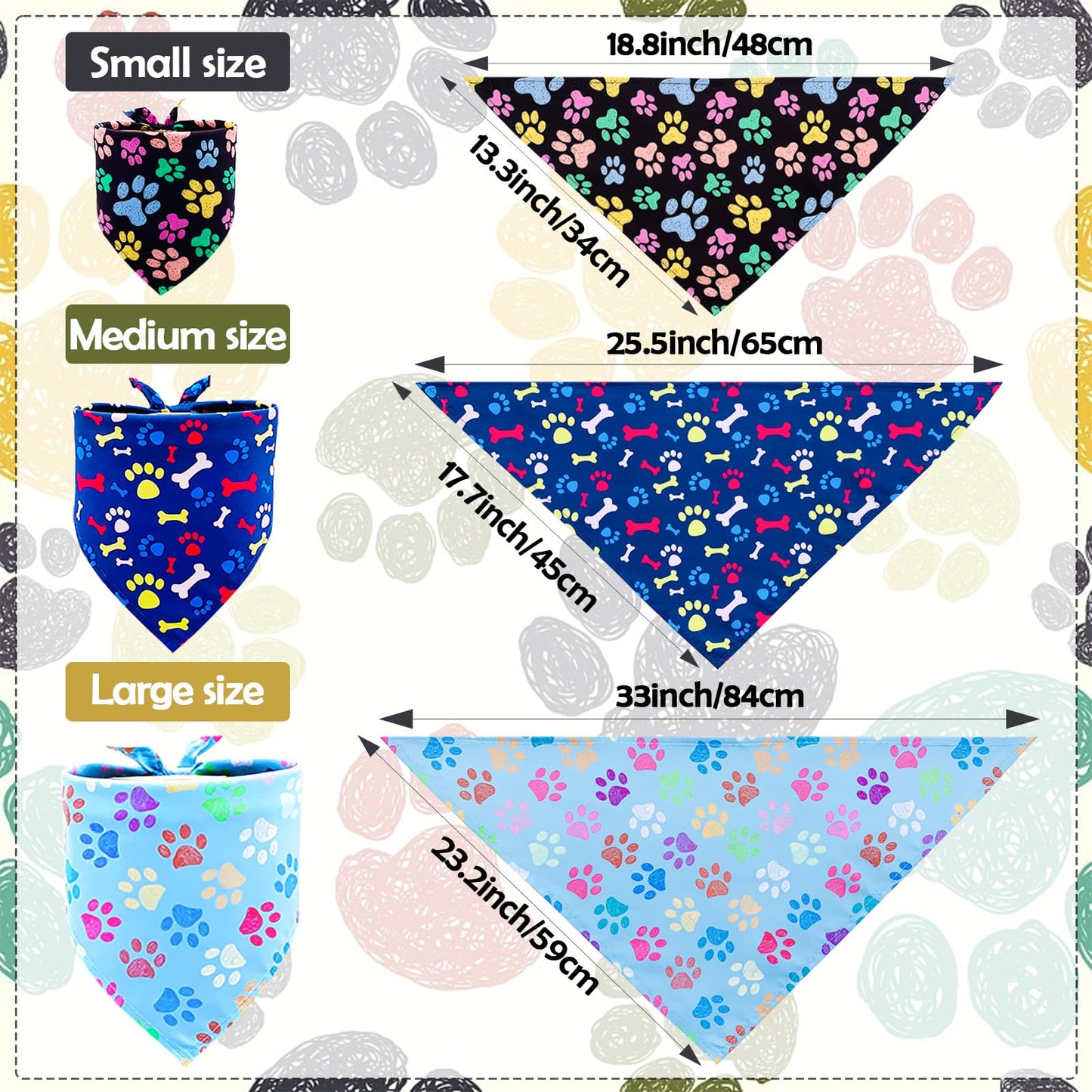 Pai Sence 30 Pcs Paw Print Bandanas Bulk for Large Dogs 33 Inch XL Stitch Dog Bandanas Polyester Bandana Party Grooming L