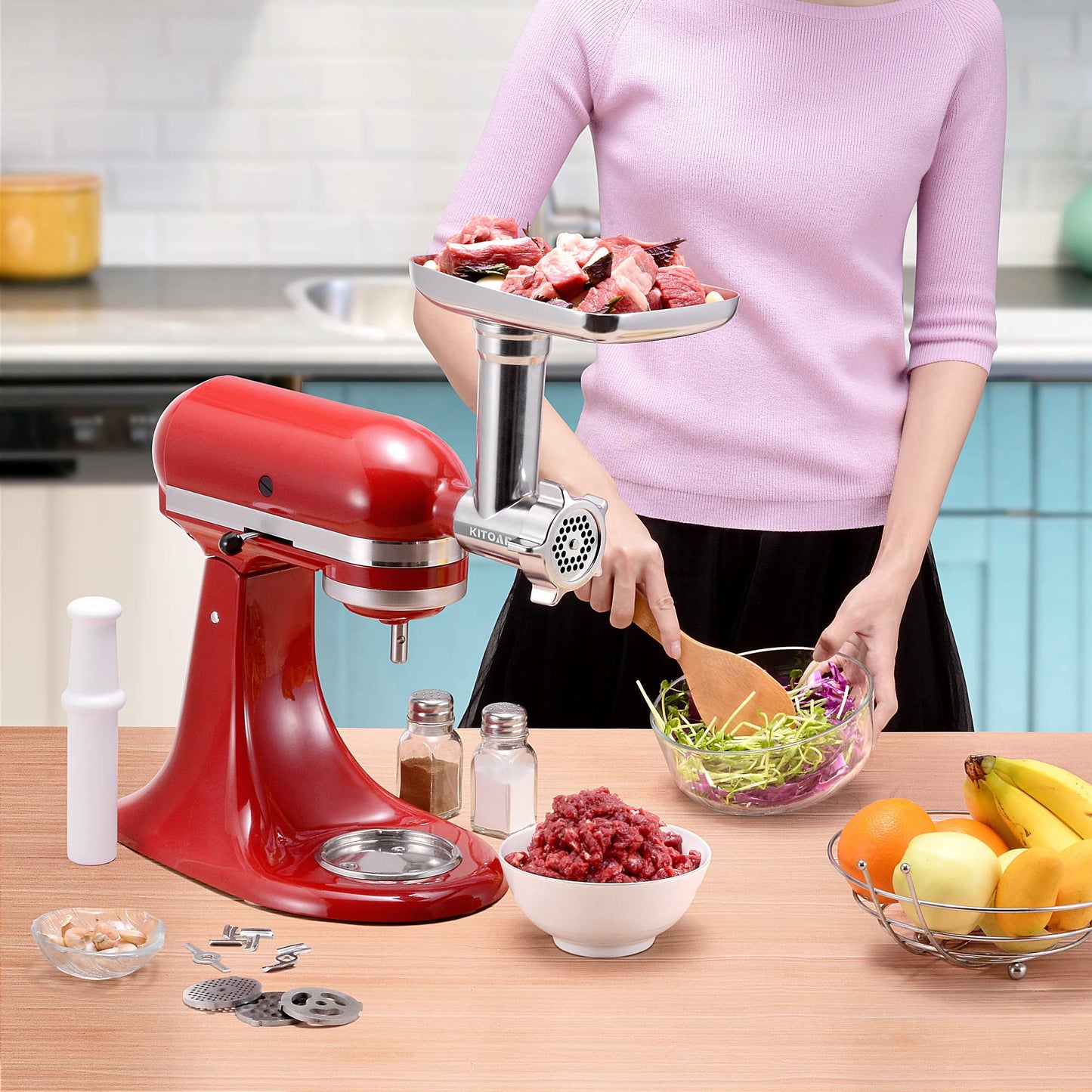 Metal Food Grinder Attachments for KitchenAid Stand Mixers, Meat Grinder, Sausage Stuffer, Durable Attachment for KitchenAid Mixers, Silver(Machine/Mixer Not Included)