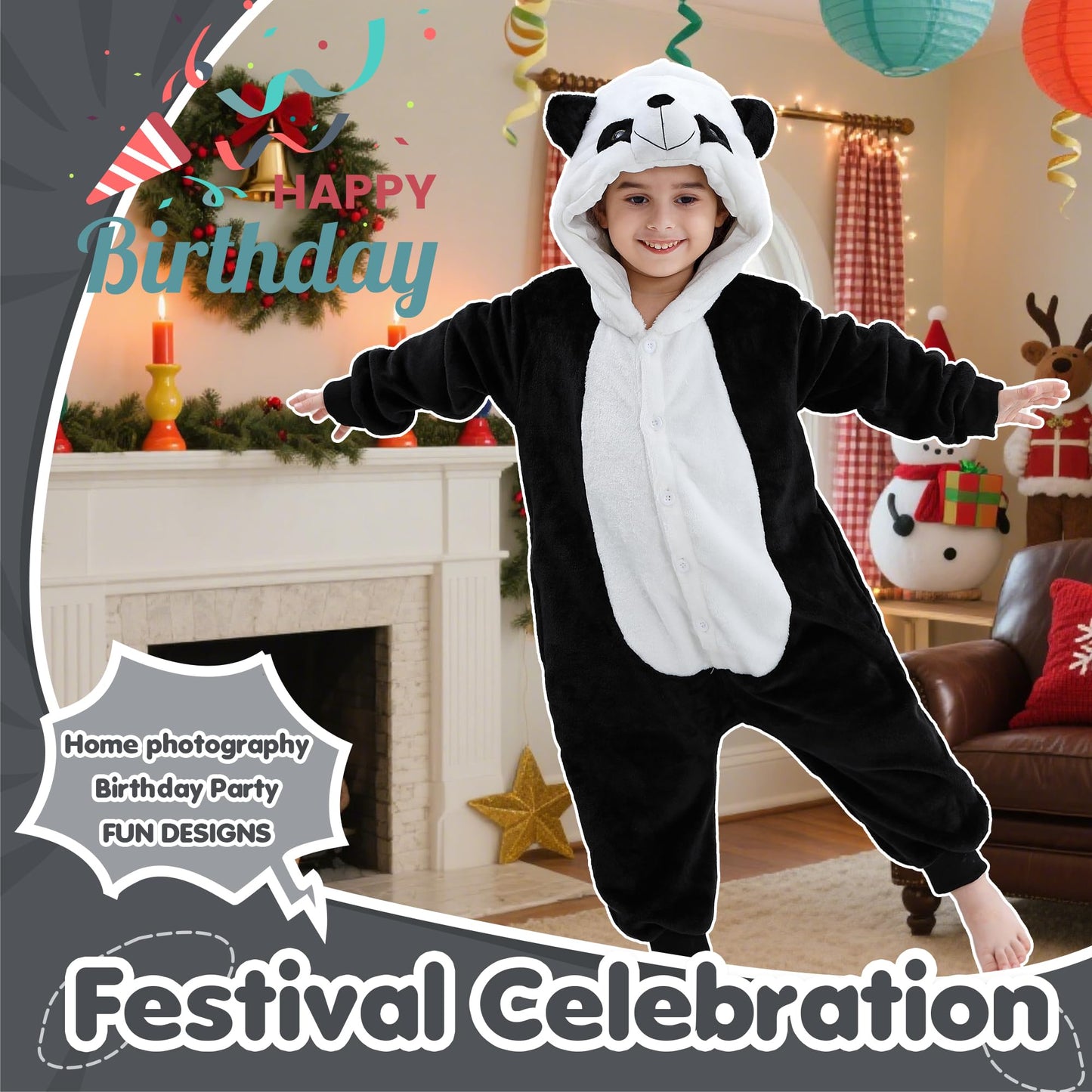 MICHLEY Animal Hooded Romper Kids Flannel Halloween Cosplay Costume 3-12T for Autumn Winter, Panda, 9-10T, Size130