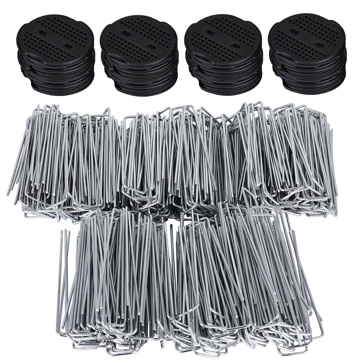 SearQing 500 Pack Landscape Staples and 50 Pack Gaskets,6" Galvanized Steel Garden Staples with Black Pads,Landscape Pins Turf Staples for Securing Weed Barrier Fabric Artificial Grass