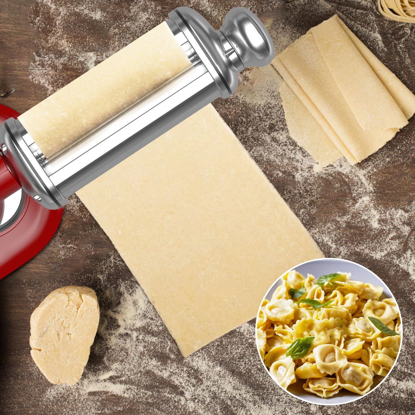 Pasta Roller Attachment for all KitchenAid Standing Mixers, Pasta Maker for Kitchen Aid Accessories and Attachments, Noodle Dough Sheet Roller with 8 Different Thickness Knob, Stainless Steel
