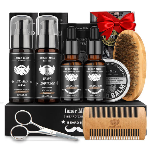 Beard Grooming Kit for Men, Gifts for Him Dad Fathers Man Boyfriend with Shampoo Wash, Conditioner, Care Oil, Balm Softener, Double-sided Comb, Bristle Brush and Trimming Scissors