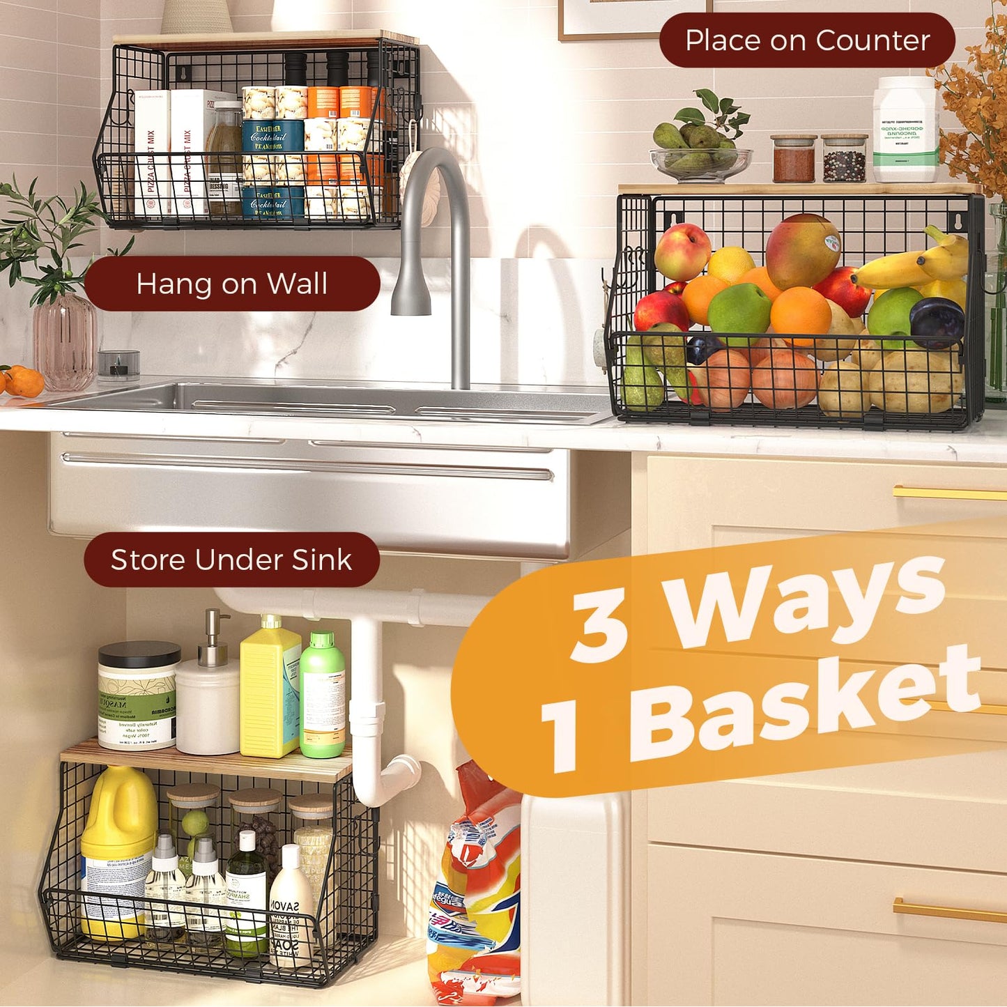 SUNALLY Hanging Fruit Basket for Kitchen Counter Organizing Wire Wall Mounted Baskets Under Cabinet Fruit and Vegetable Produce Storage Organizer Wood Lid Potato and Onion Holder with Hooks, 2 Pack