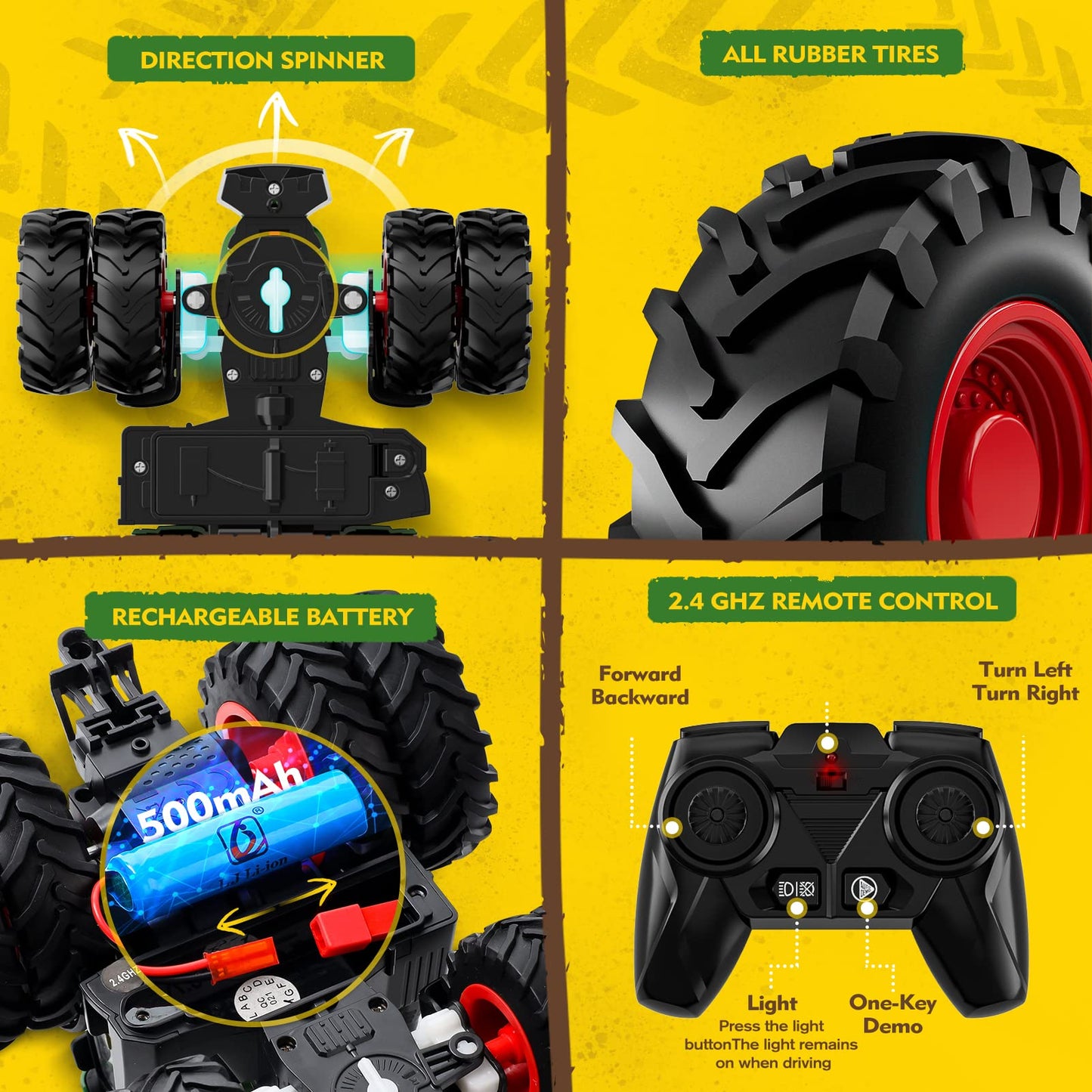 WELIN Remote Control Tractor and Trailer Toys - Rechargeable RC Tractor Playset with Metal Car Head/Lights/8 Wheels, Green Farm Truck Vehicles Toy Set, Birthday Gifts for Kids Boys Ages 3+