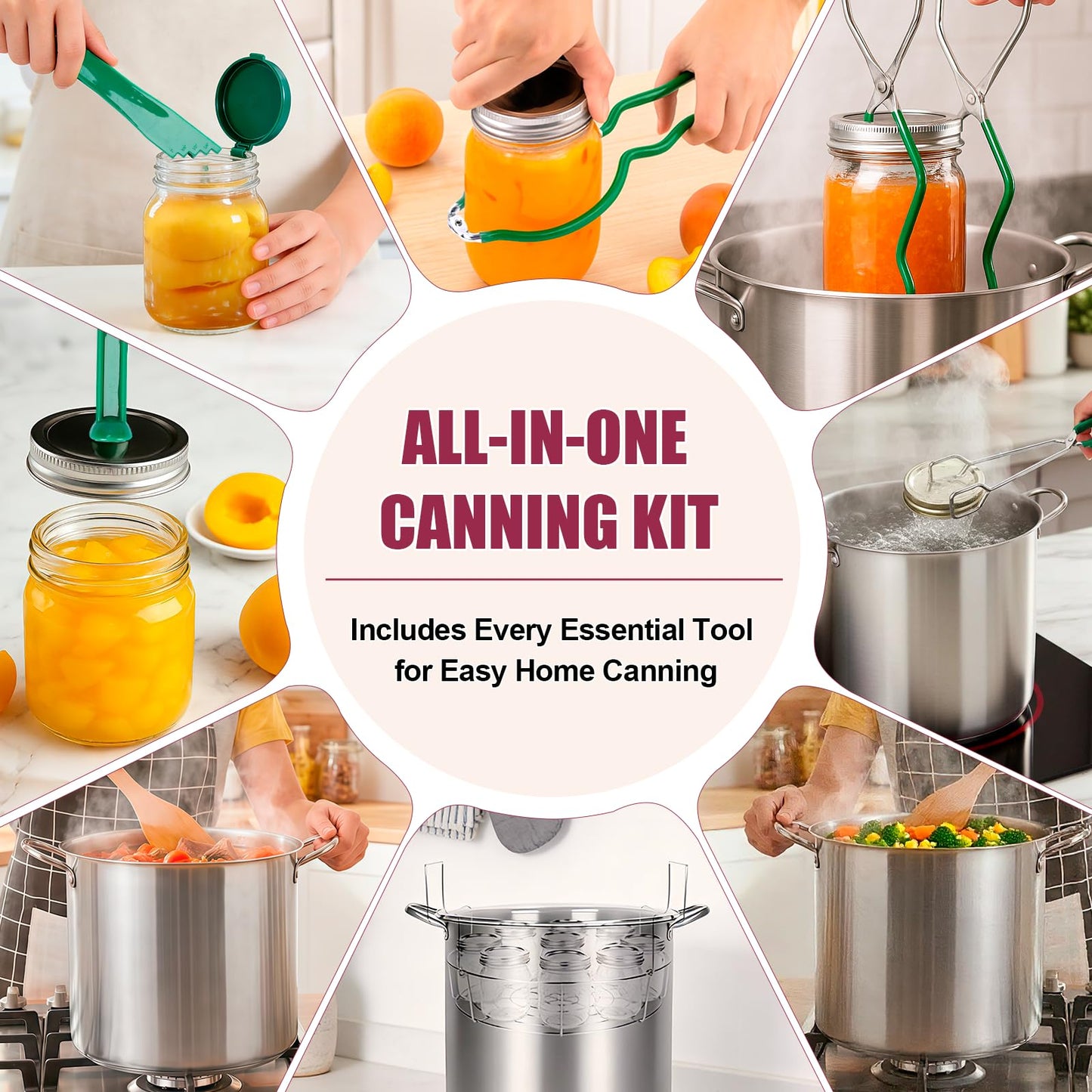Canning Pot-8 Pieces Stainless Steel Canning Supplies Starter Kit with Lid, Rack & Canning Tools Set, Water Bath Canner for Beginner(20.5 QT)