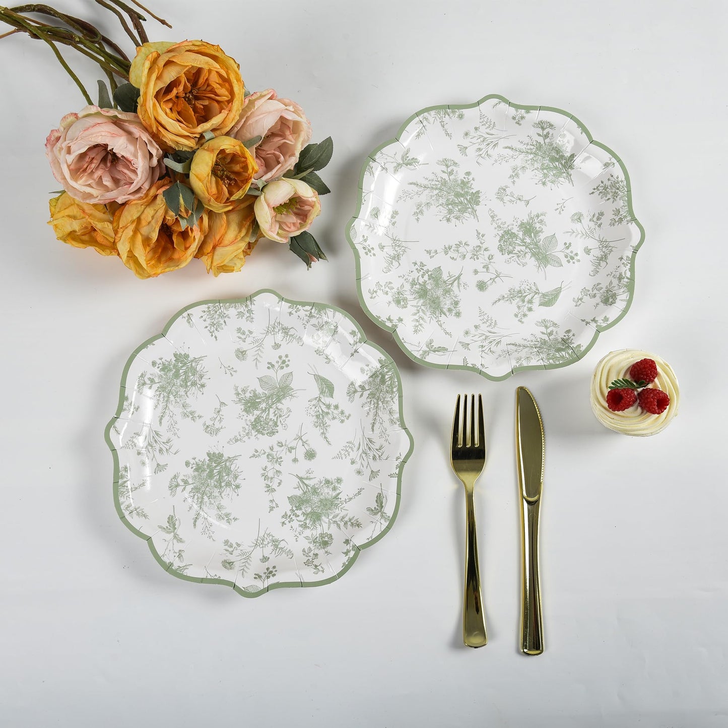 Elyxio Sage Green Floral Party Plates White Green Toile Disposable Paper Plates Flower Leaf 9" Scalloped Edge Dinner Plates for Bridal Baby Shower Wedding Tea Party Supplies Table Decor (48)