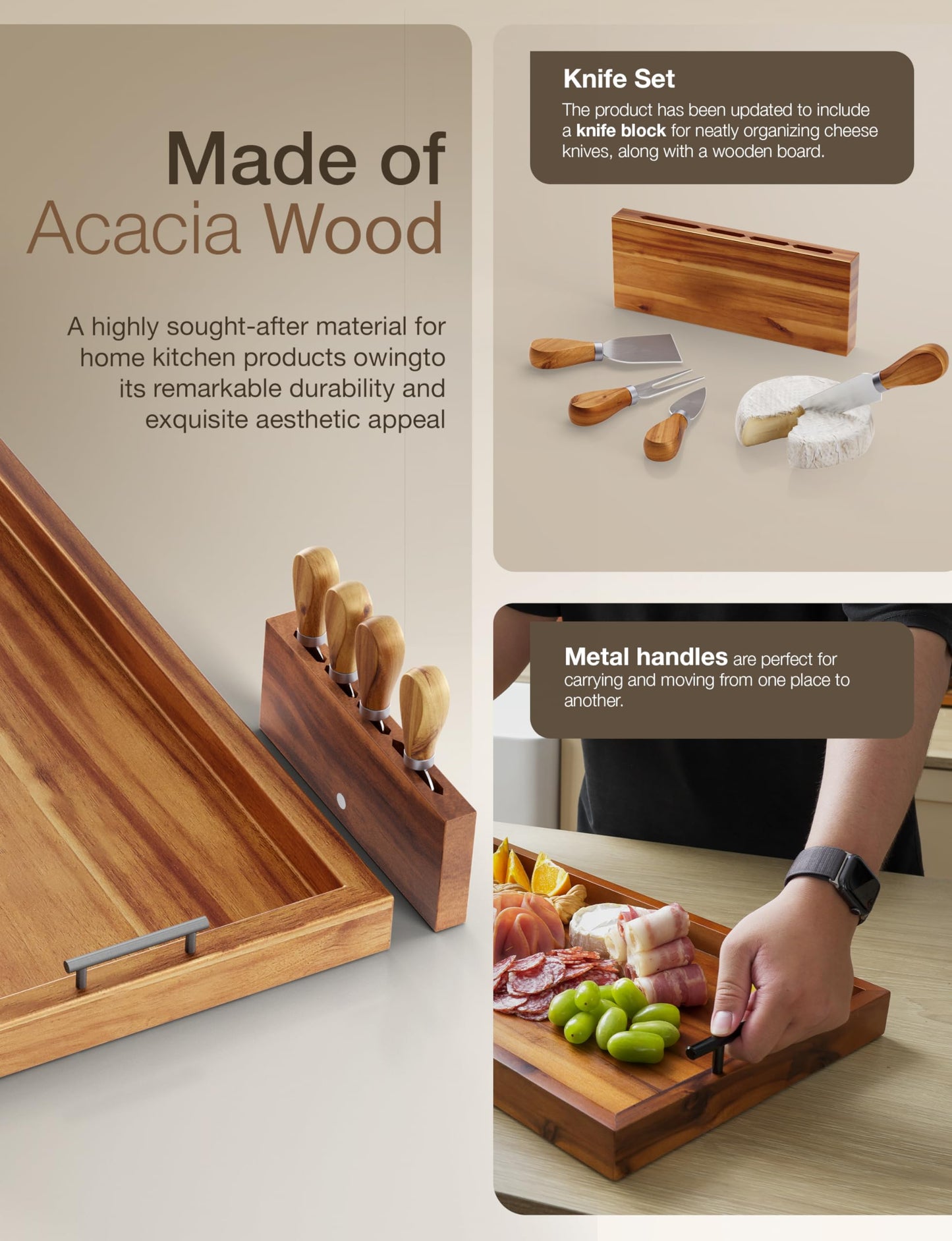 TIDITA Acacia 30 Inch Large Charcuterie Boards for Party with Cheese Knife Set of 4 – Acacia Wood Serving Tray with Handles, Long Charcuterie Board, Wooden Cheese Board