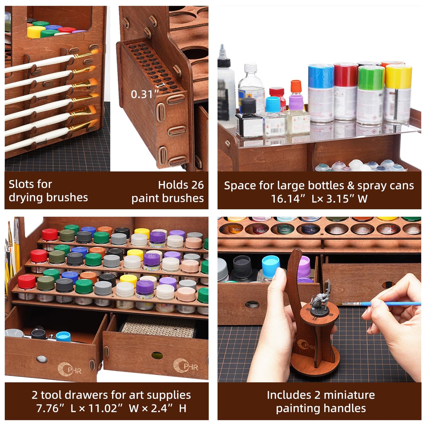 OPHIR Paint Organizer for 60 Bottles and 32 Brushes, Wooden Miniature Paint Rack with 2 Painting Brush Holder, 2 Painting Handles, 2 Drawers for Acrylic Paints Storage, Holes Dia.1.42 Inches