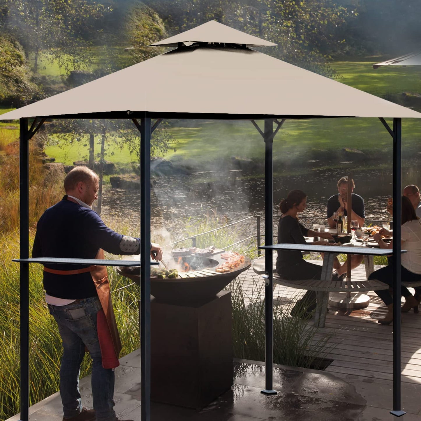 OLILAWN Grill Gazebo Replacement Canopy Roof, 5' x 8' Outdoor BBQ Gazebo Canopy Top Cover, Double Tired Grill Shelter Cover with Durable Polyester Fabric, Only Fit for Model L-GG001PST-F, Khaki