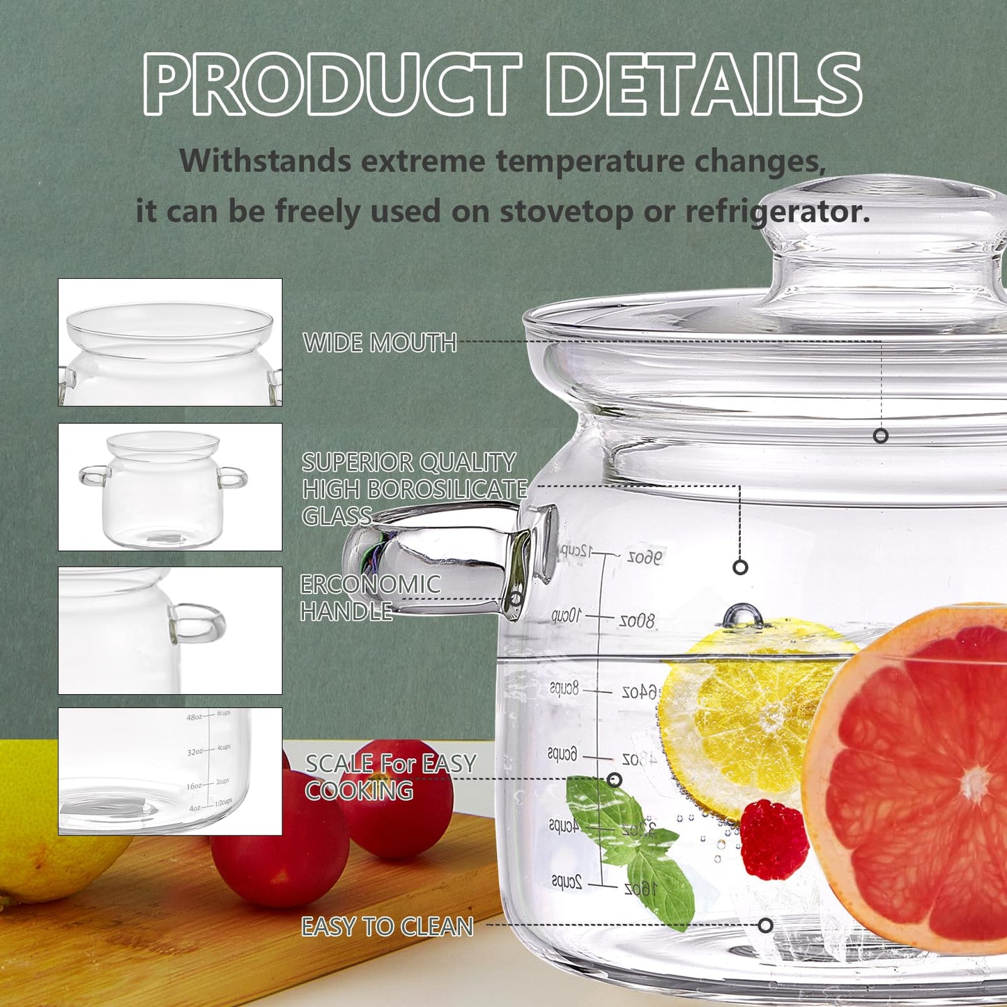 3L(96oz) Glass Cooking Pot with Lid，Handmade Borosilicate Glass Stockpot with Graduations - Glass Saucepan with Cover for Cooking and Serving