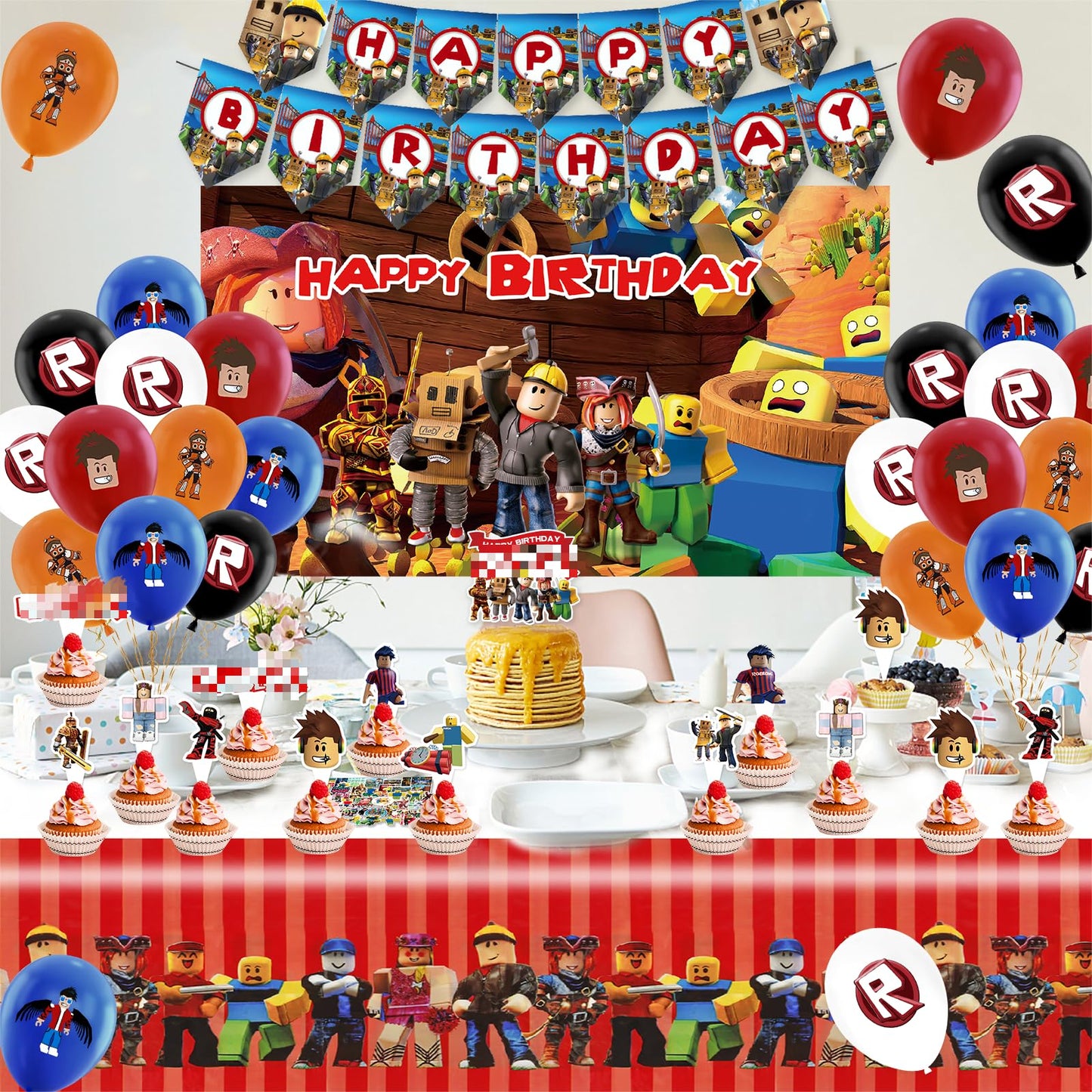 95PCS Birthday Party Decorations, Cartoon Theme Party Supplies Include Background Cloth, Banner, Stickers, Balloons, Cupcake Toppers, Tablecloth for Kids Birthday Party
