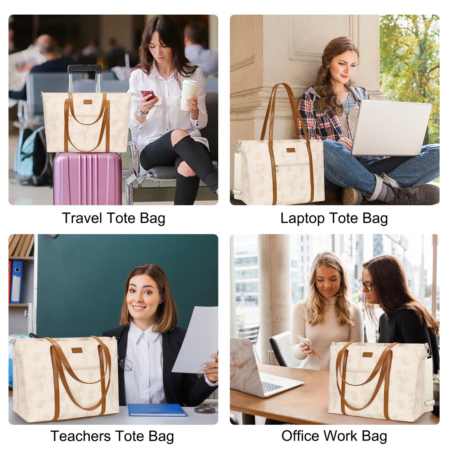 Laptop Bag for Women 17 Inch, Leather Laptop Tote Bag Waterproof Computer Bag Office Work Bag Business Briefcase with Compartment&Shoulder Straps (Beige/Brown Flower)
