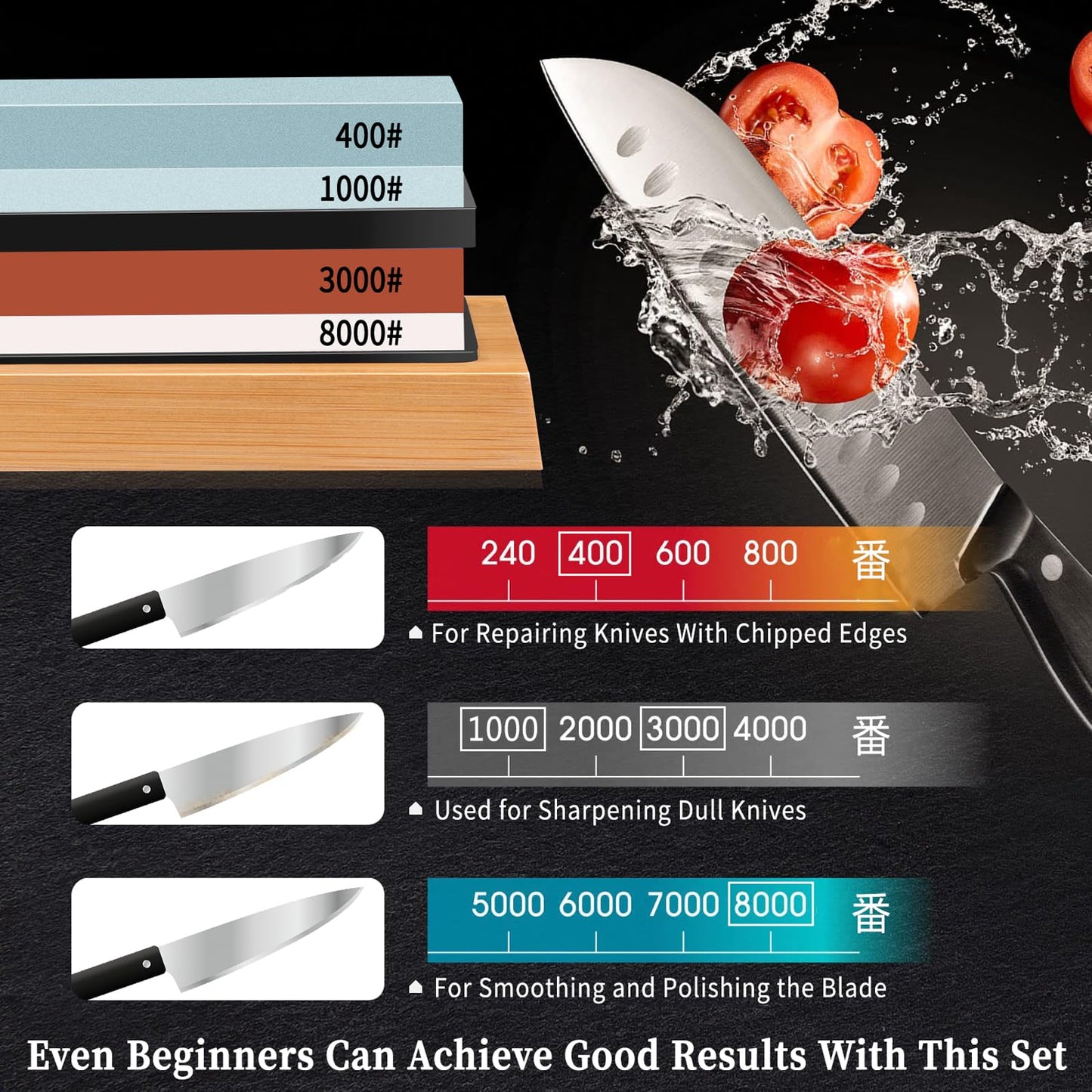 Knife Sharpening Stone Kit 400/1000 3000/8000 Grit Professional Whetstone Set Coarse to ExtraFine 2-Side Sharpener Include Flattening Stone,Angle Guide,Safe Nonslip Bamboo Base and Slip Silicone Base