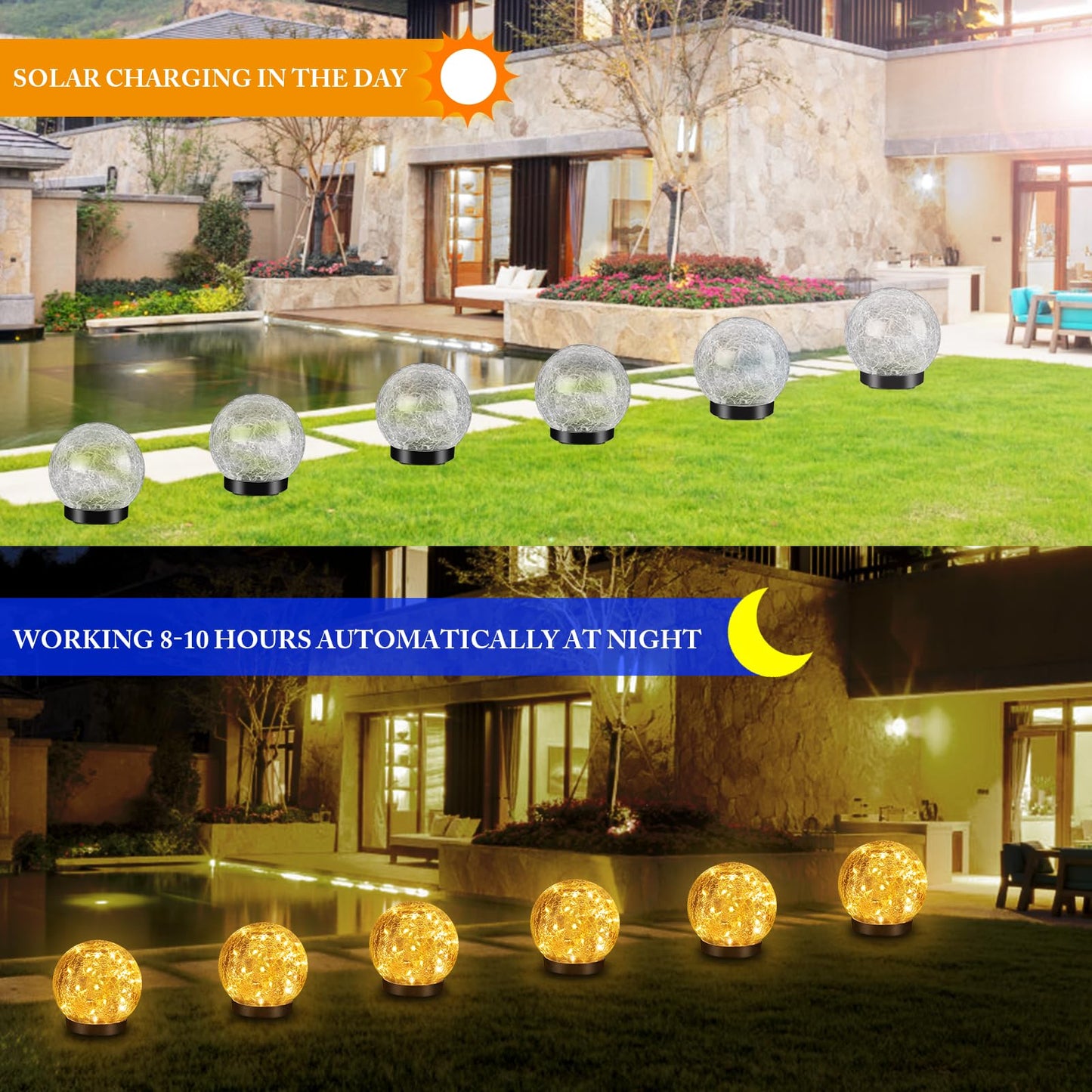 YWYWLED Solar Garden Lights - Two Lighting Modes 4.7’’ Cracked Glass Solar Lights, 30 LEDs Solar Lights for Outside Garden Patio, Porch, Lawn, Yard Decorative (Warm White, 4 Globes)