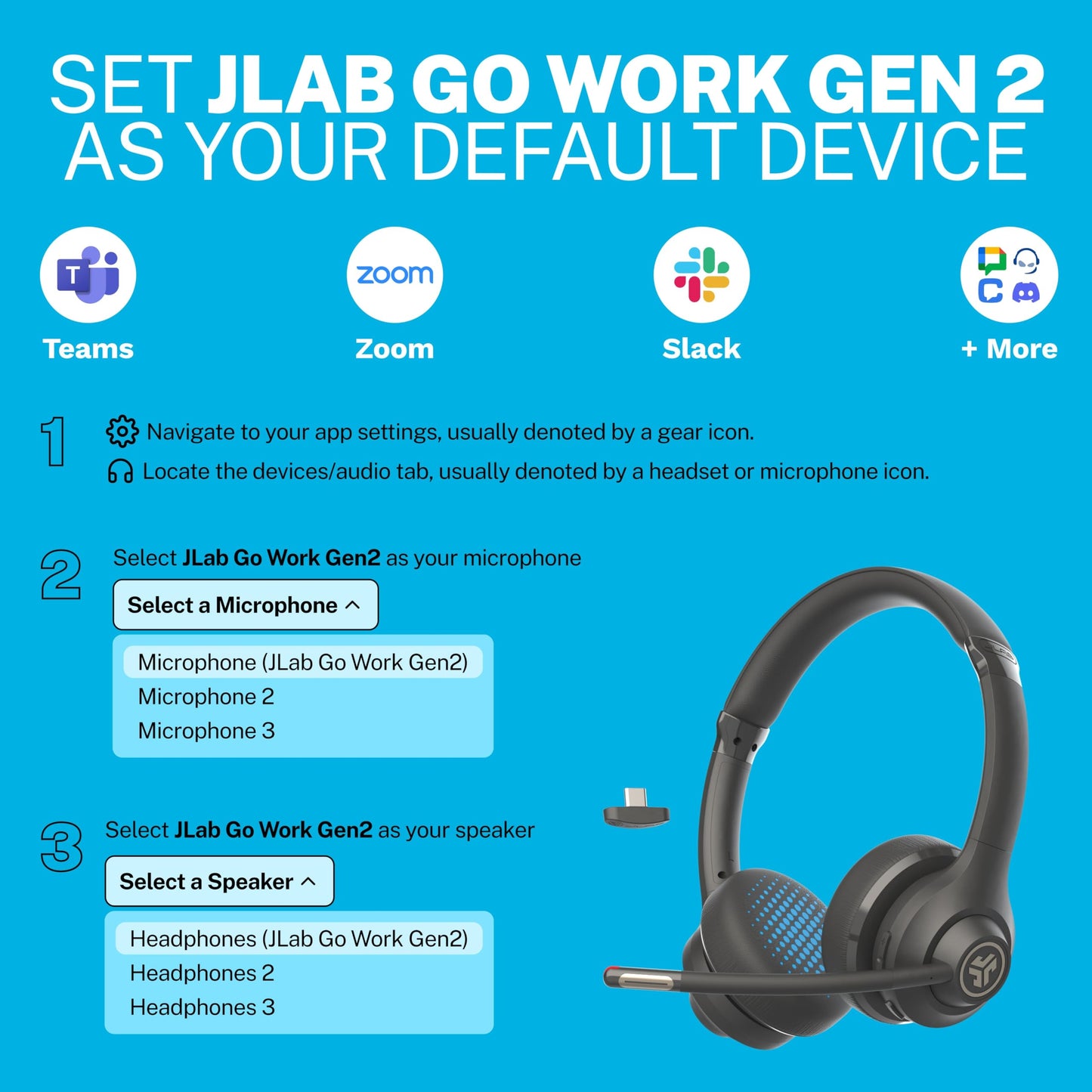 JLab, Go Work Gen 2, Wireless Headset, Bluetooth, USB Dongle, Boom Mic, Multipoint, Over Ear Headphones, Black