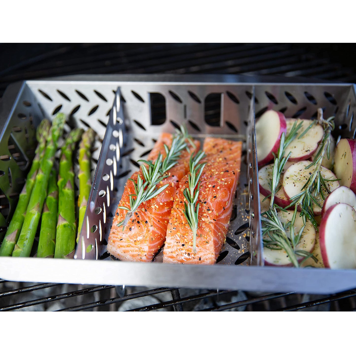 Proud Grill UltraVersatile Stainless Steel Grill Basket - Large BBQ Grill Basket for Grilling Vegetables. Detachable Handle and Movable dividers. Perfect Grill Accessory to Grill Veggies, Fish, Meat.