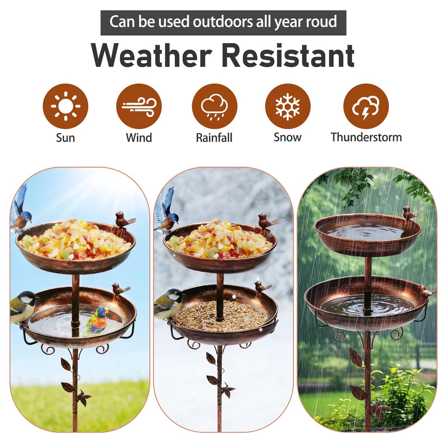 Metal Bird Bath for Garden – 42in 2-in-1 Birdfeeder & Birdbath with Bird & Leaf Design, Double Bowls, Upgraded 5-Prong Base — Bird Baths for Garden Patio Yard Lawn Decor