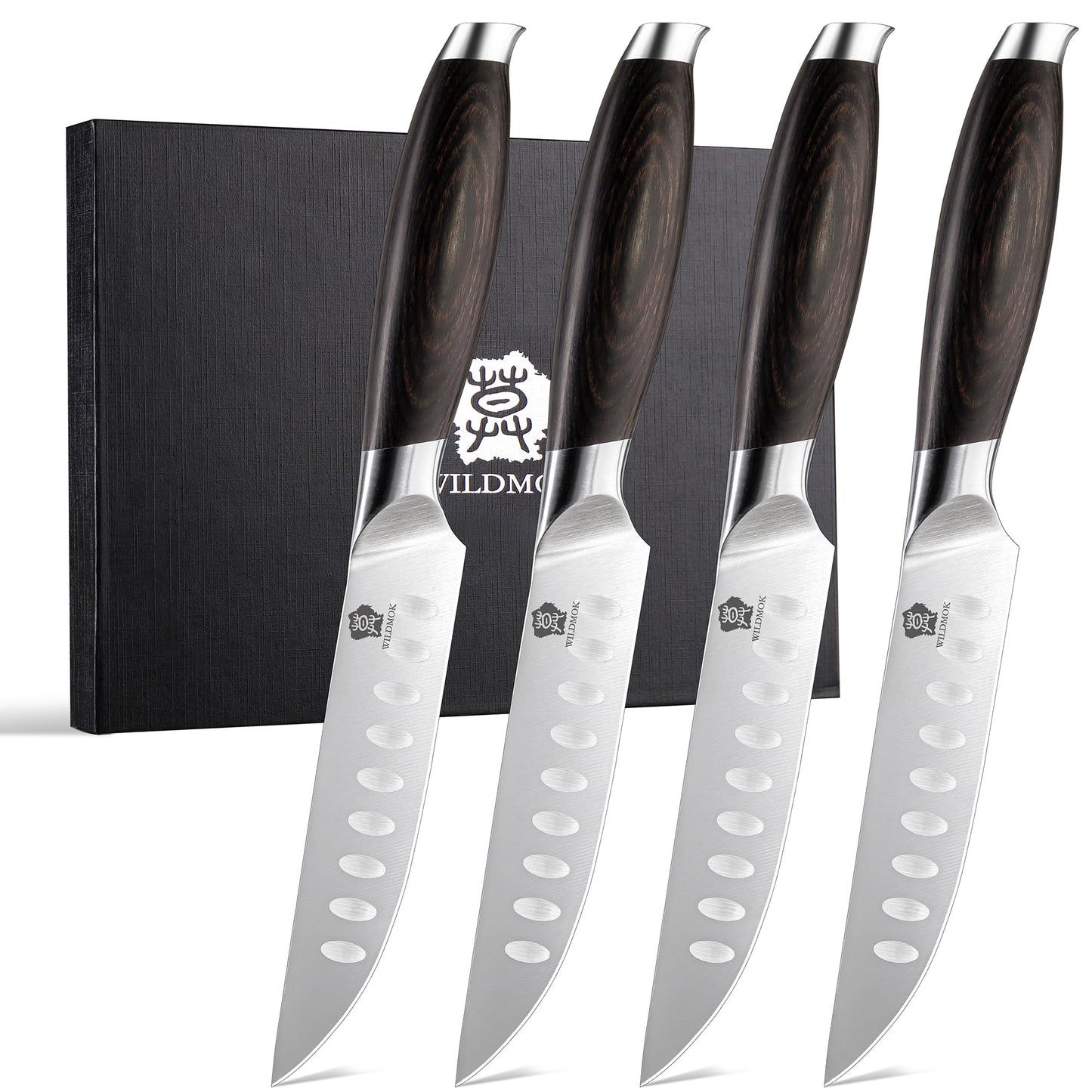 WILDMOK 5 Inch Steak Knives Set of 4, Ultra Sharp Steak Knives Kitchen Knives Set, German Stainless Steel Steak Knife Set Black Pakkawood Handle with Gift Box