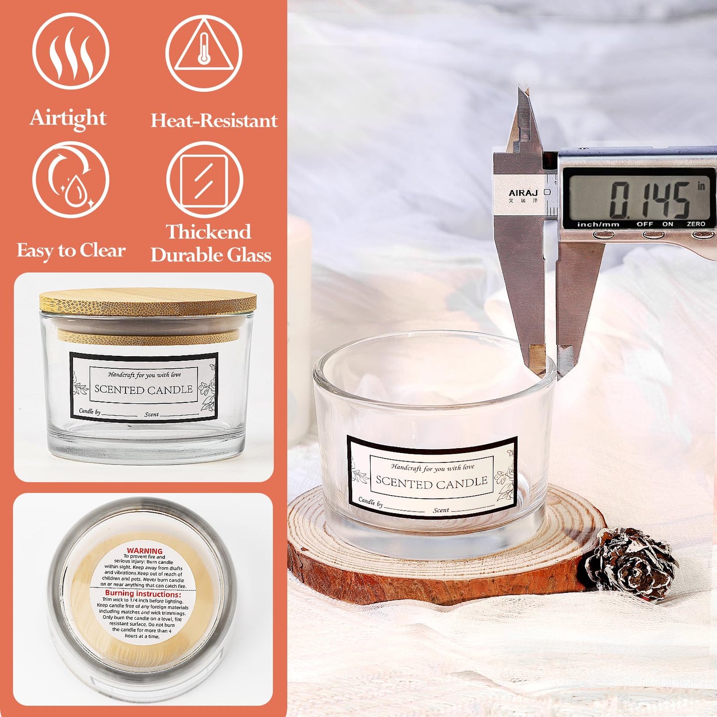 CONNOO 15 Pack 4oz Clear Glass Candle Jars with Bamboo Airtight Lids for Candle Making, Large Mouth Empty Small Jars with Labels
