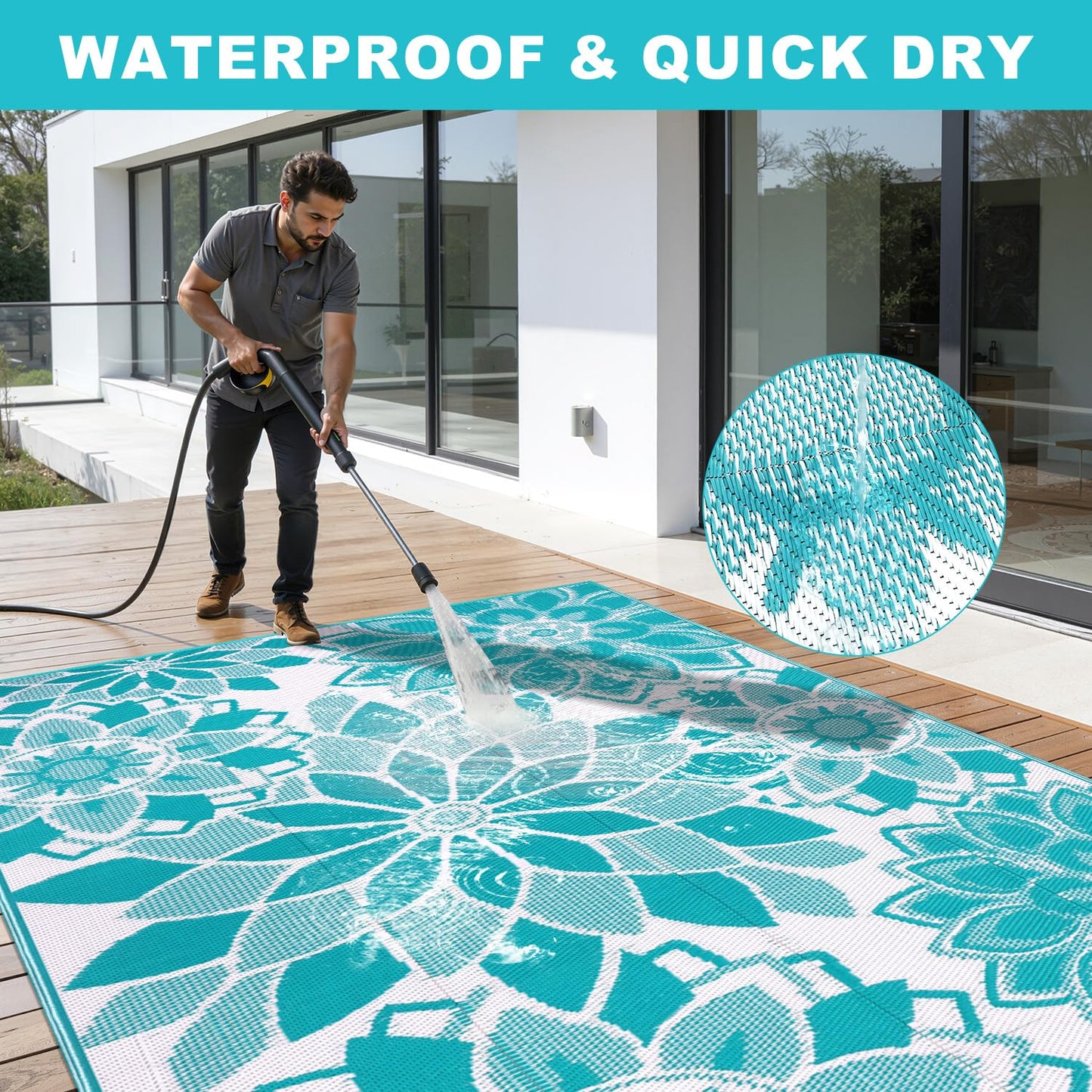 LOKHOM Outdoor Rug for Patio 5x8 ft Reversible Plastic Straw Patio Camping Rug, Floral Waterproof RV Mat for Camper Indoor Outdoor Carpet for Deck Porch Picnic Beach Balcony Backyard, Teal & White