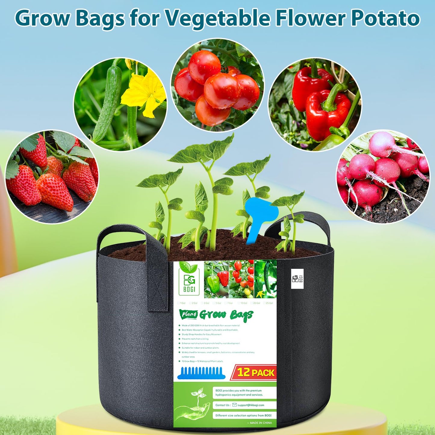 BOGI Grow Bags 12 Pack 10 Gallon Grow Bags Heavy Duty Thickened Nonwoven Grow Bag with Durable Habdles Fabric Pot for Vegetable Flower Potato Garlic Indoor Outdoor Plants + 12 Waterproof Plant Labels